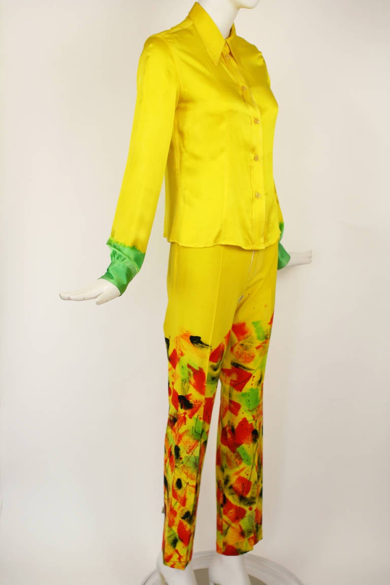 Moschino COUTURE! ensemble. Painterly and eccentric two piece set. Bright yellow with bright splashes of black, green and red. Moschino at its best! Excellent condition. Silk and wool. Marked size 6.