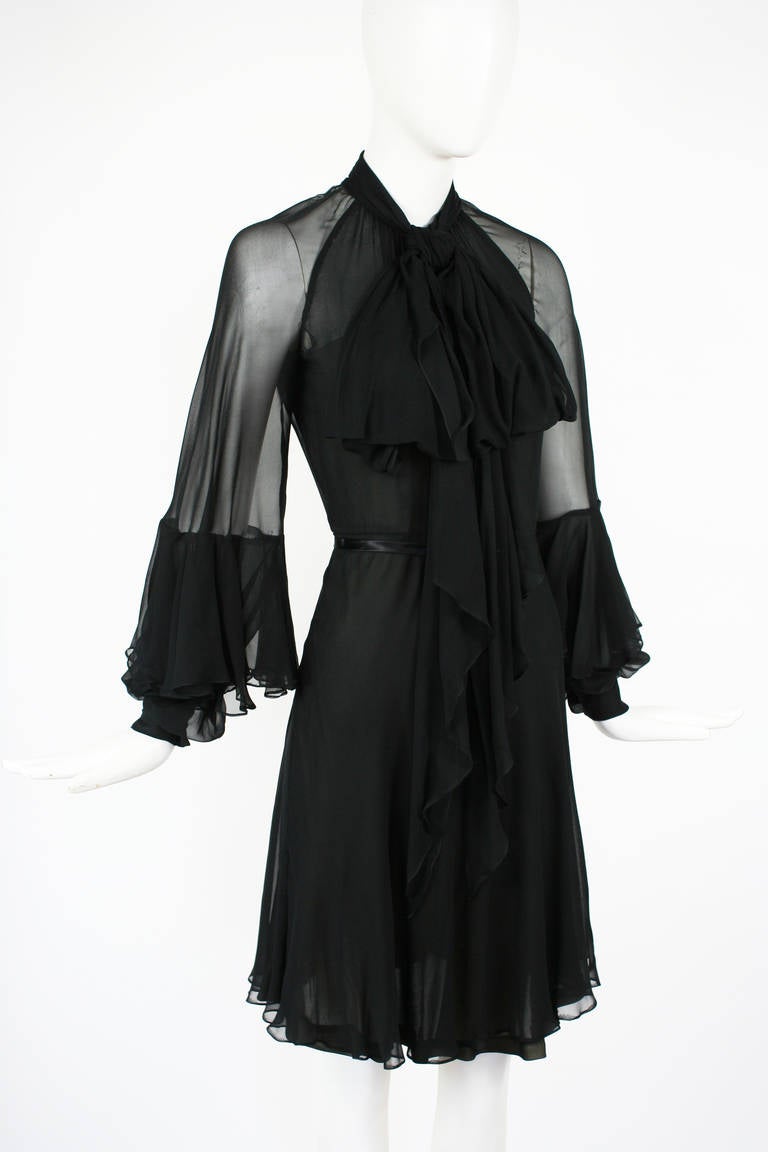 Christian Dior Black Chiffon Dress with Unique Blouson Sleeves In Excellent Condition In New York, NY