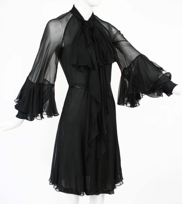 Women's Christian Dior Black Chiffon Dress with Unique Blouson Sleeves