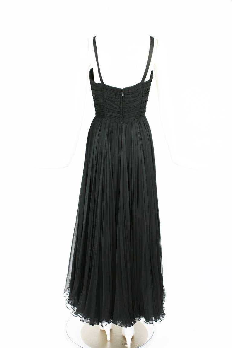 Ben Reig 1950s Black Silk Chiffon Dress Gown In Excellent Condition For Sale In New York, NY