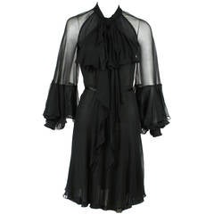 Vintage Christian Dior Black Chiffon Dress with Unique Blouson Sleeves