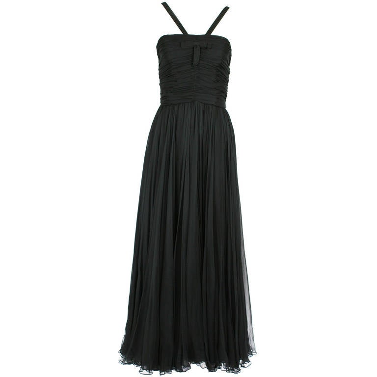 Ben Reig 1950s Black Silk Chiffon Dress Gown For Sale