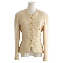 Chanel Vintage P/E 1990 Avorio Crema Oro 24K CC Giacca in tweed smerlato