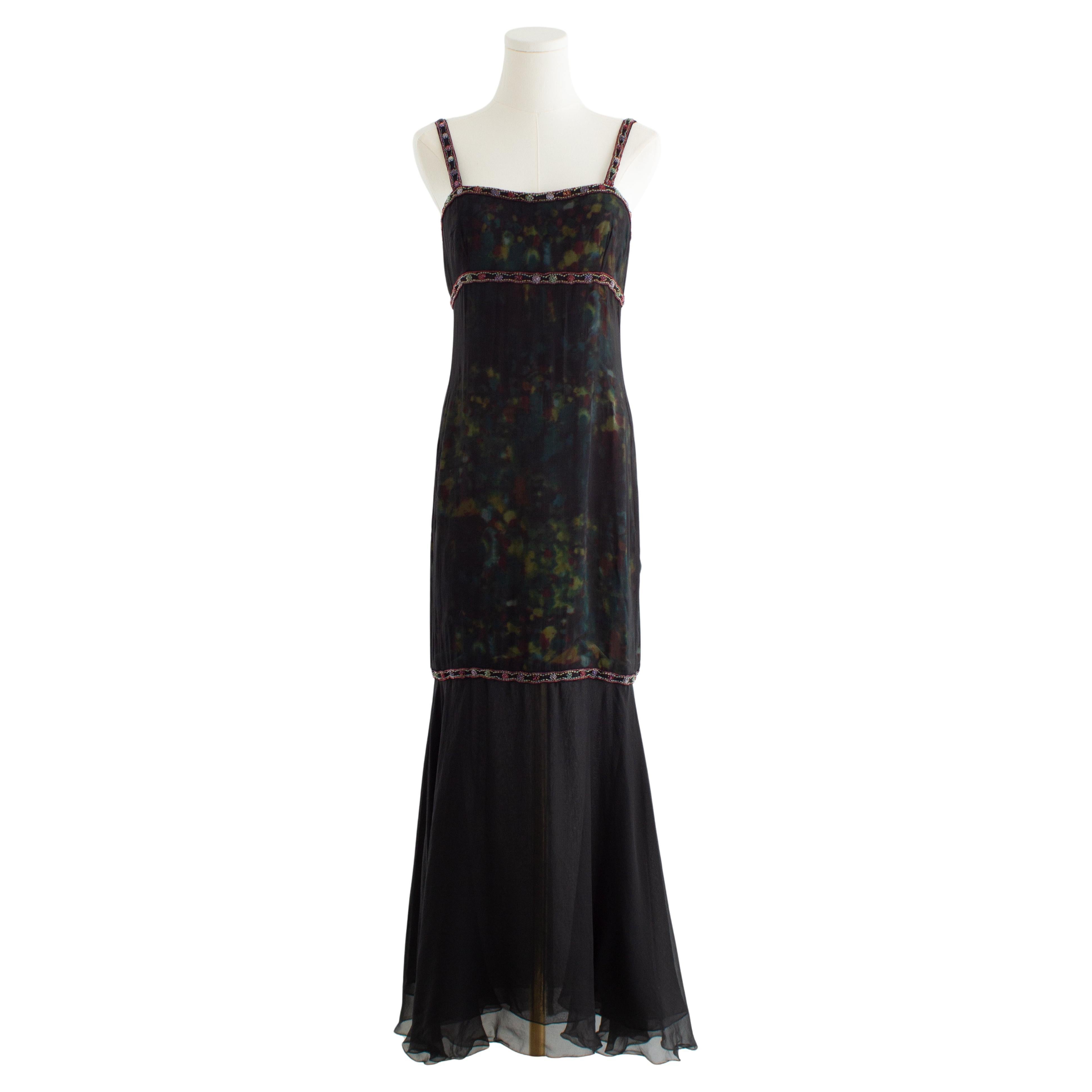 Chanel Vintage Herbst/Winter 1997 Schwarz Grün Aquarell Perlen 97A Kleid
