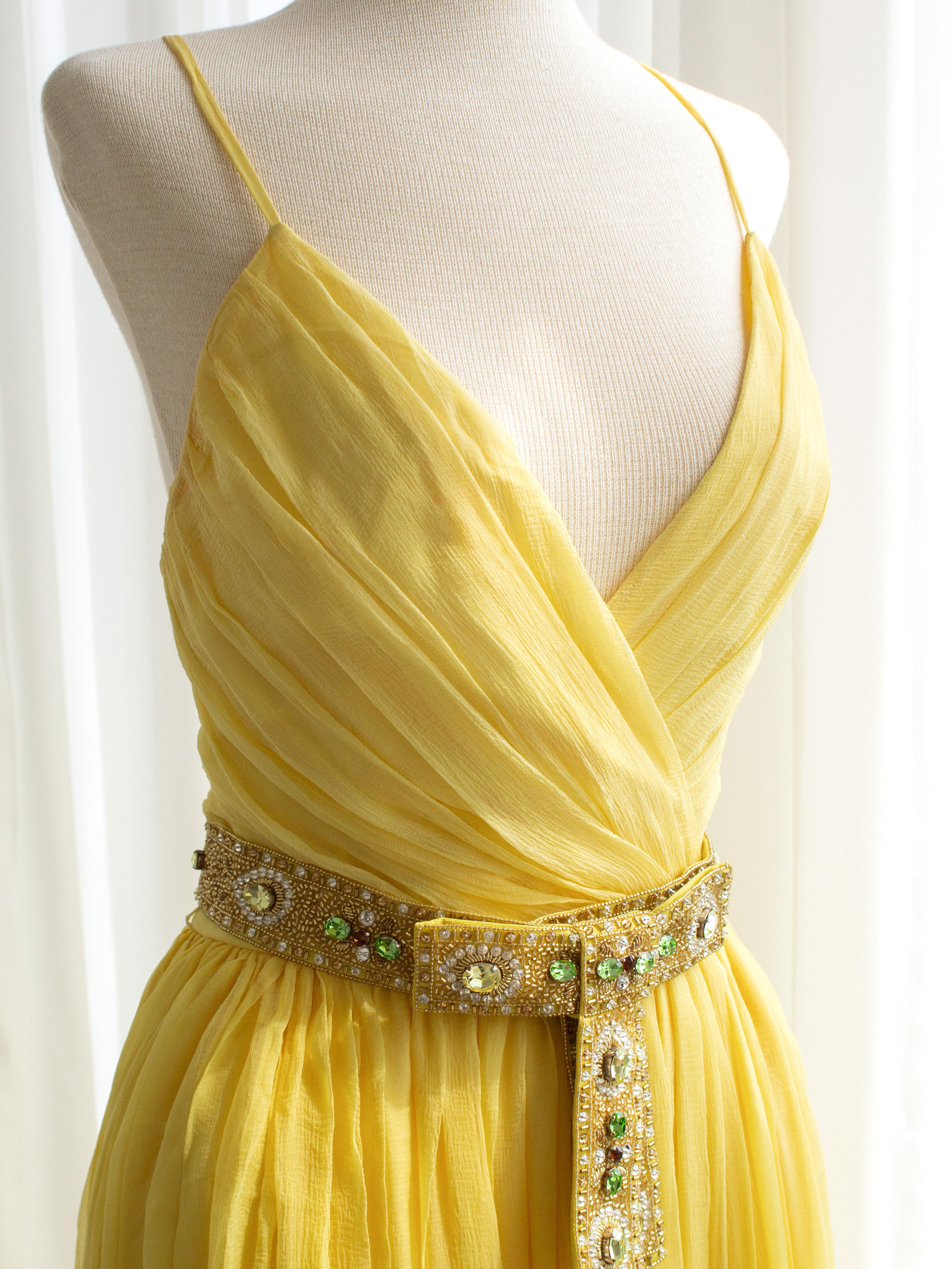 Christian Dior by John Galliano Resort 2008 Robe en soie jaune avec ceinture ornée de bijoux en vente 5