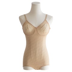 Christian Dior Vintage Monogram Diorissimo Sheer Nude Beige Logo Print Bodysuit