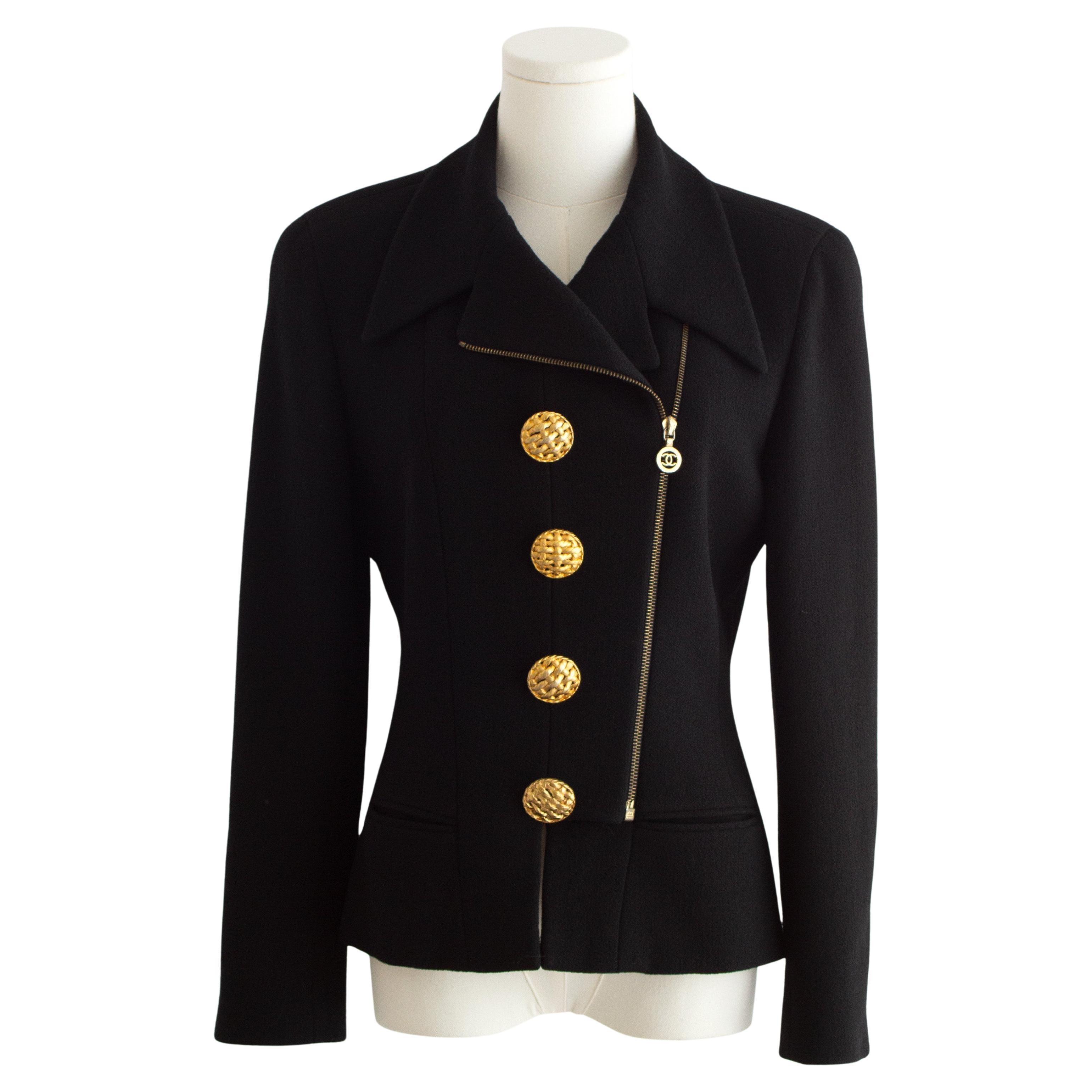 Chanel Vintage A/I 1992 Giacca in tweed con zip oro nero
