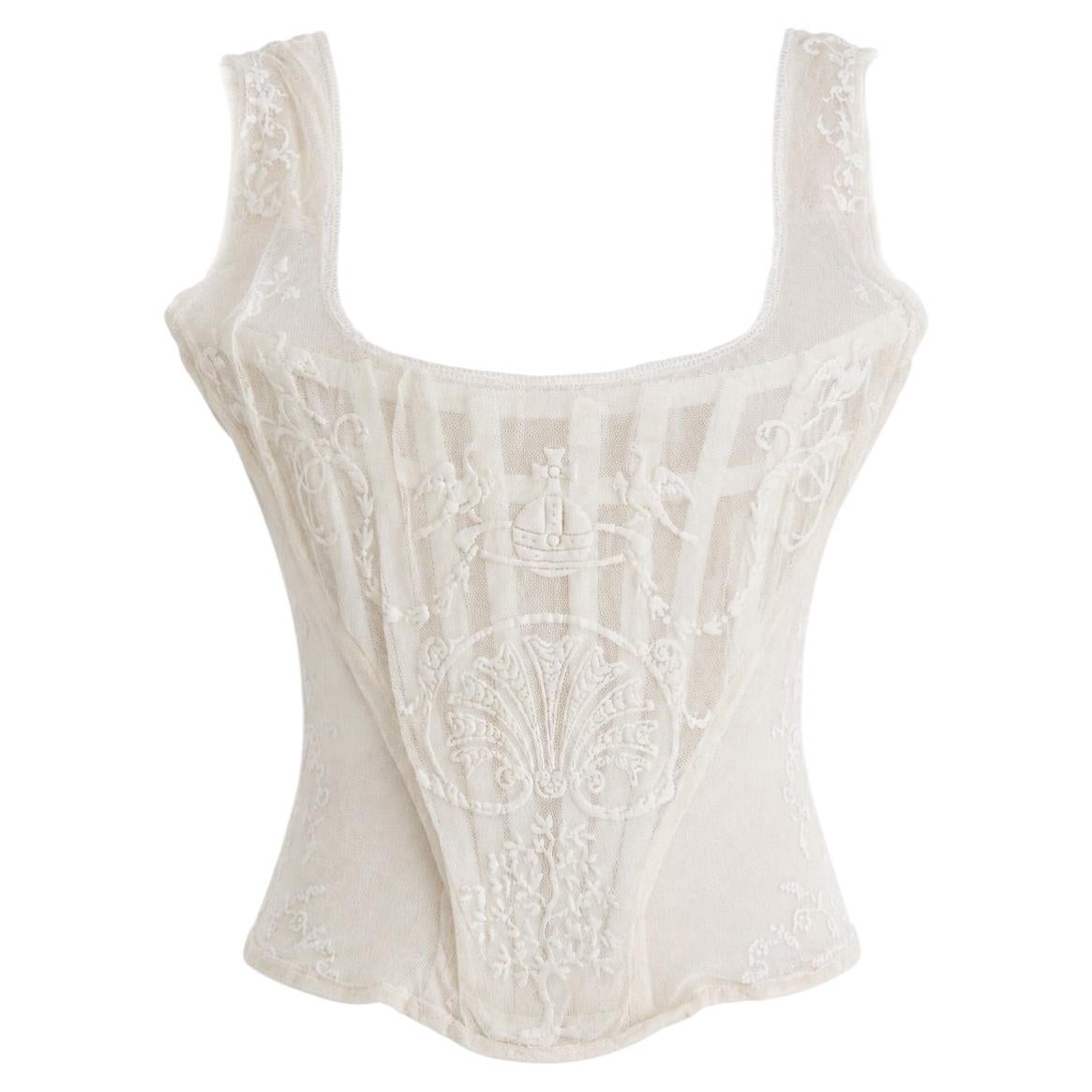 Vivienne Westwood Primavera/Estate 1992 Salon: corsetto in tulle bianco a rete Boulle