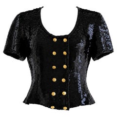 Chanel F/W 1989 Black Sequin Gold Buttons Evening Top