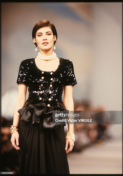 Chanel F/W 1989 Black Sequin Gold Buttons Evening Top