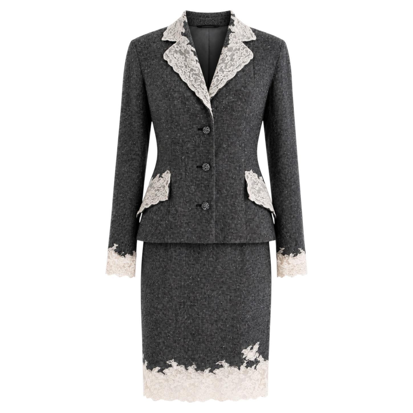 Christian Dior by John Galliano F/W1998 Grey Tweed Calais Lace Jacket Skirt Suit