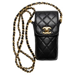 Chanel Vintage 1996 Black Lambskin Leather 24K Gold CC Turnlock 90s Phone Holder