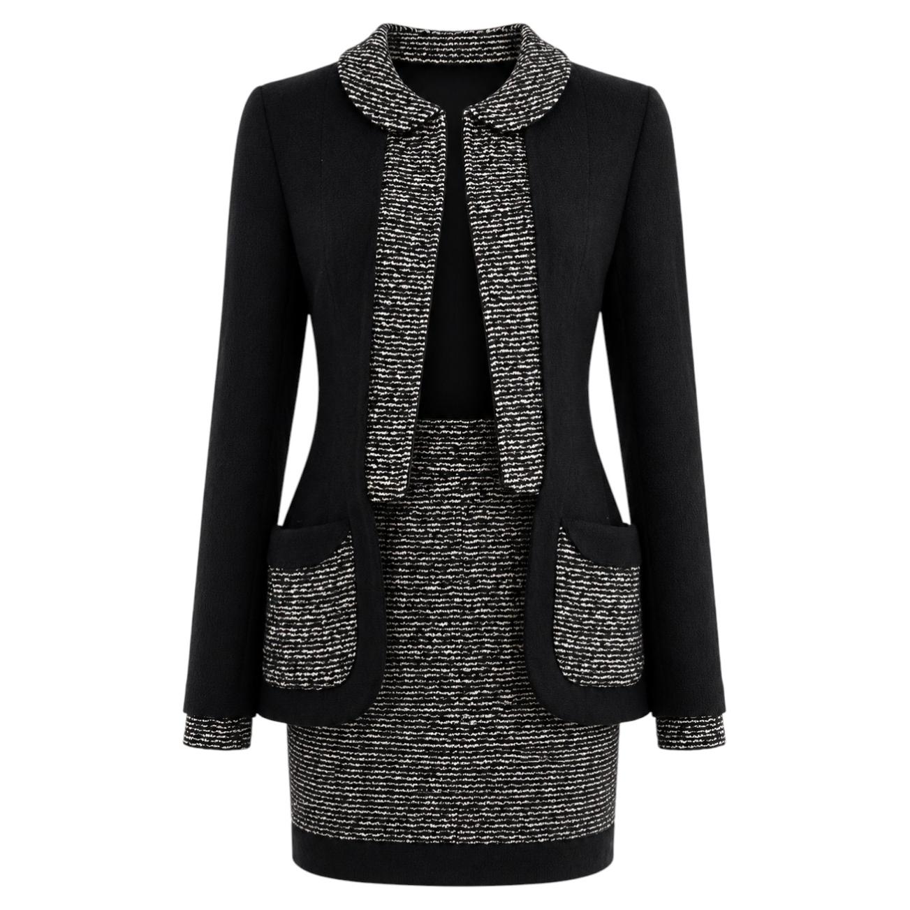 Chanel Haute Couture A/I 1993: completo giacca e gonna in tweed nero e grigio da passerella in vendita