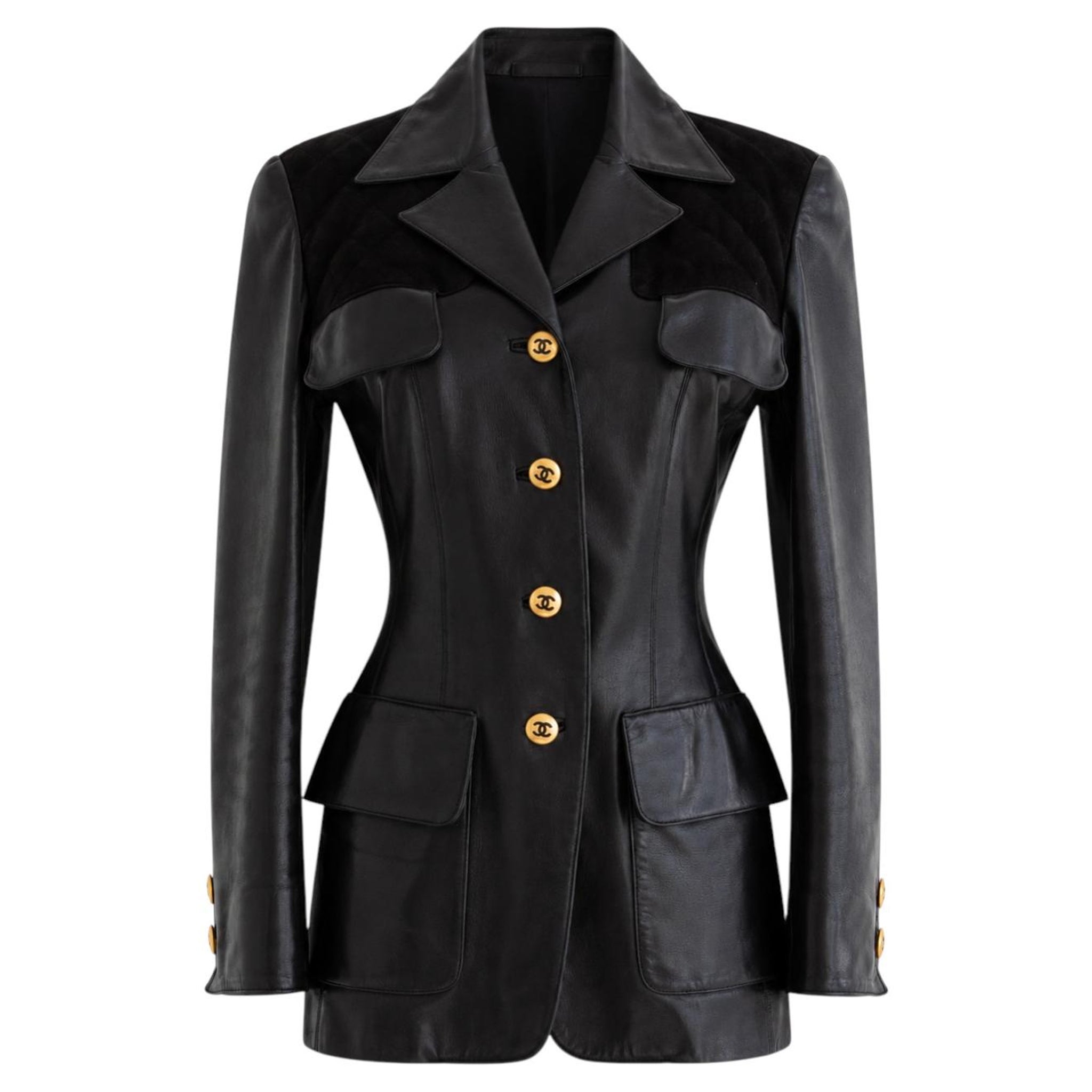 Chanel, Karl Lagerfeld for Chanel Chanel Vintage Fall/Winter 1992 Black Gold CC Lambskin Leather Suede Jacket