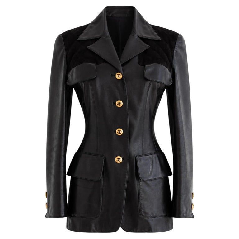 Chanel, Karl Lagerfeld for Chanel Chanel Vintage Fall/Winter 1992 Black Gold CC Lambskin Leather Suede Jacket