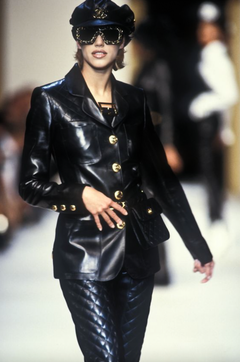 Giacca Chanel Vintage Autunno/Inverno 1992 in pelle di agnello e camoscio nero e oro con motivo CC
