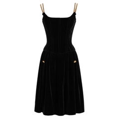 Chanel Vintage F/W 1993 Black Velvet Gold Chain Strap Corset 93A Dress
