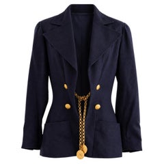 Chanel S/S 1993 Navy Blue Cotton Gold Chain 93P CC Medallion Jacket