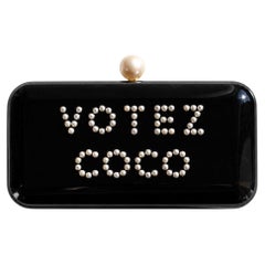Chanel S/S 2015 Votez Coco Black Plexiglass Pearl Minaudière Clutch Bag