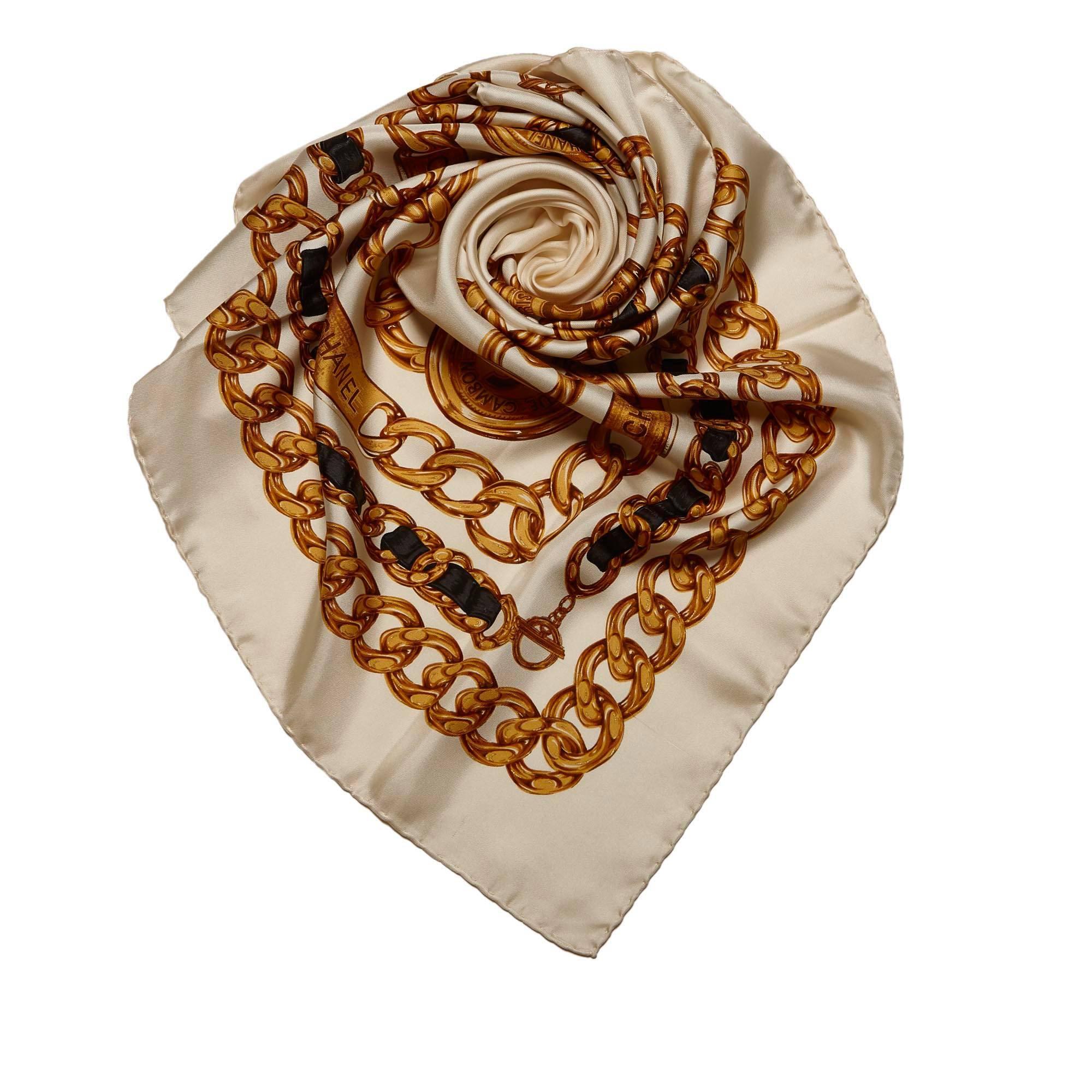 - Vintage 90s Chanel white silk black and gold chain pattern square scarf. Scarf is always a great accessory to complete a total look of an outfit. Very elegant and chic! 

- Made in Italy. 

- Size: 85cm x 85cm. 

