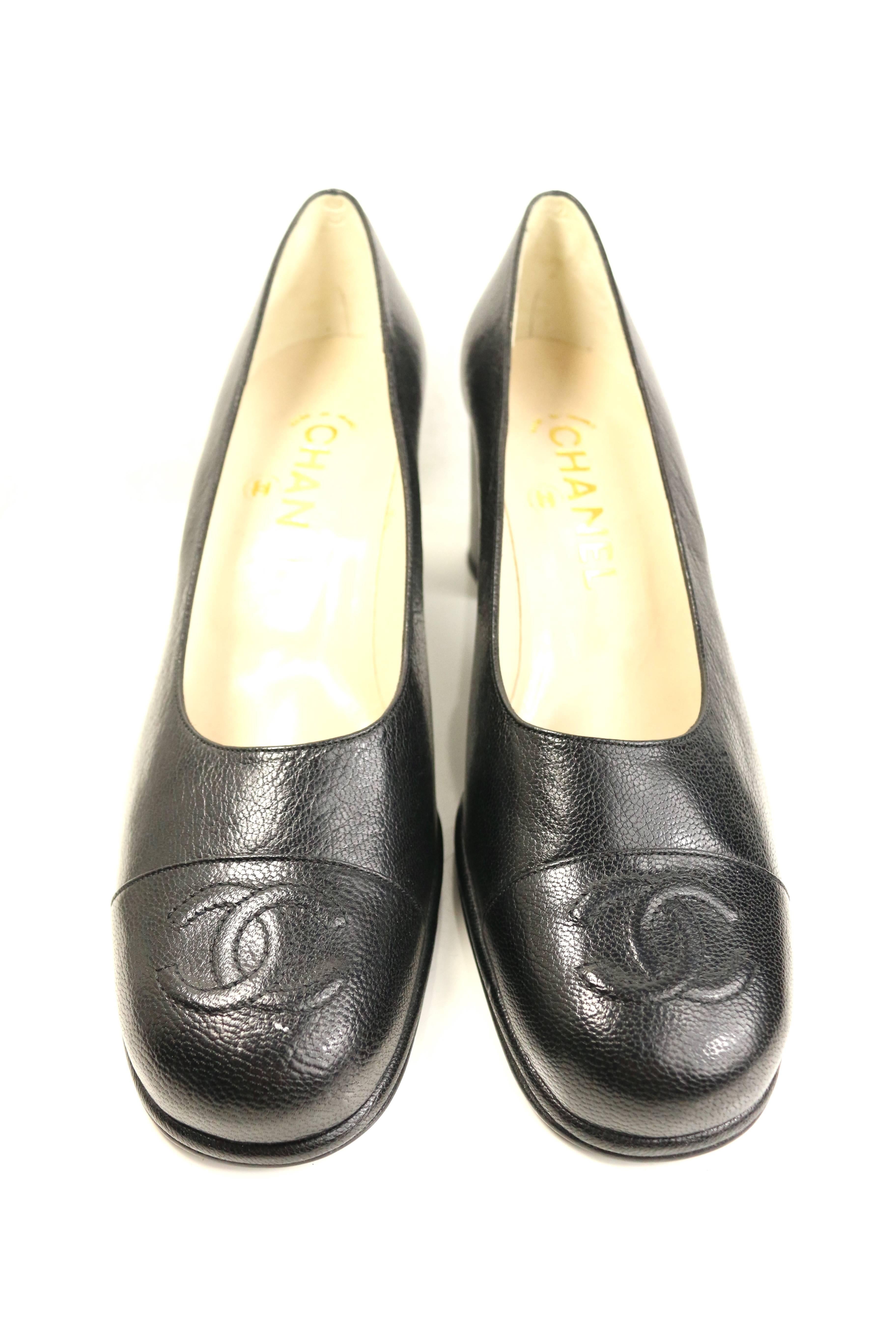 - Vintage 90s Chanel black caviar square toe shoes. 

- Featuring a 