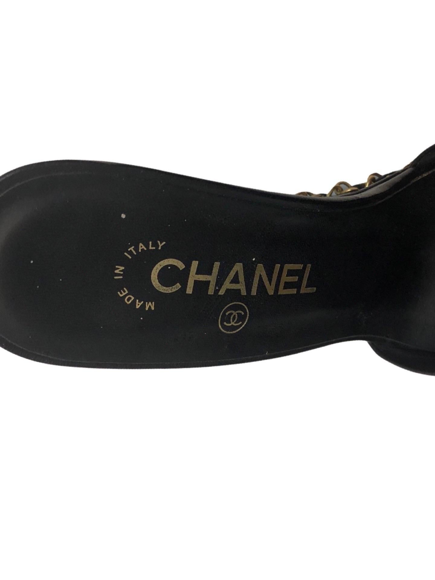 Chanel black lambskin gold chain open toe platform sandals  2