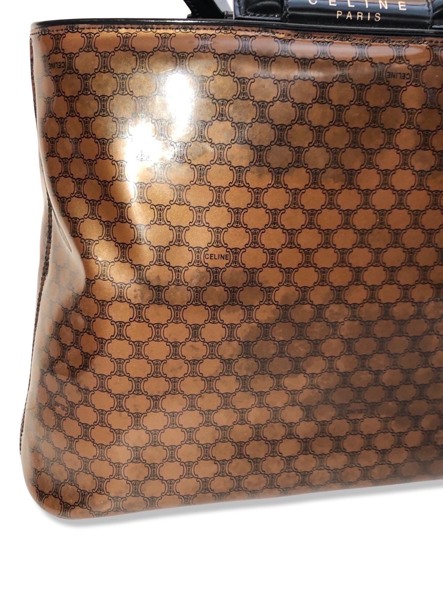 Brown Celine vinyl retro logo handle bag  For Sale