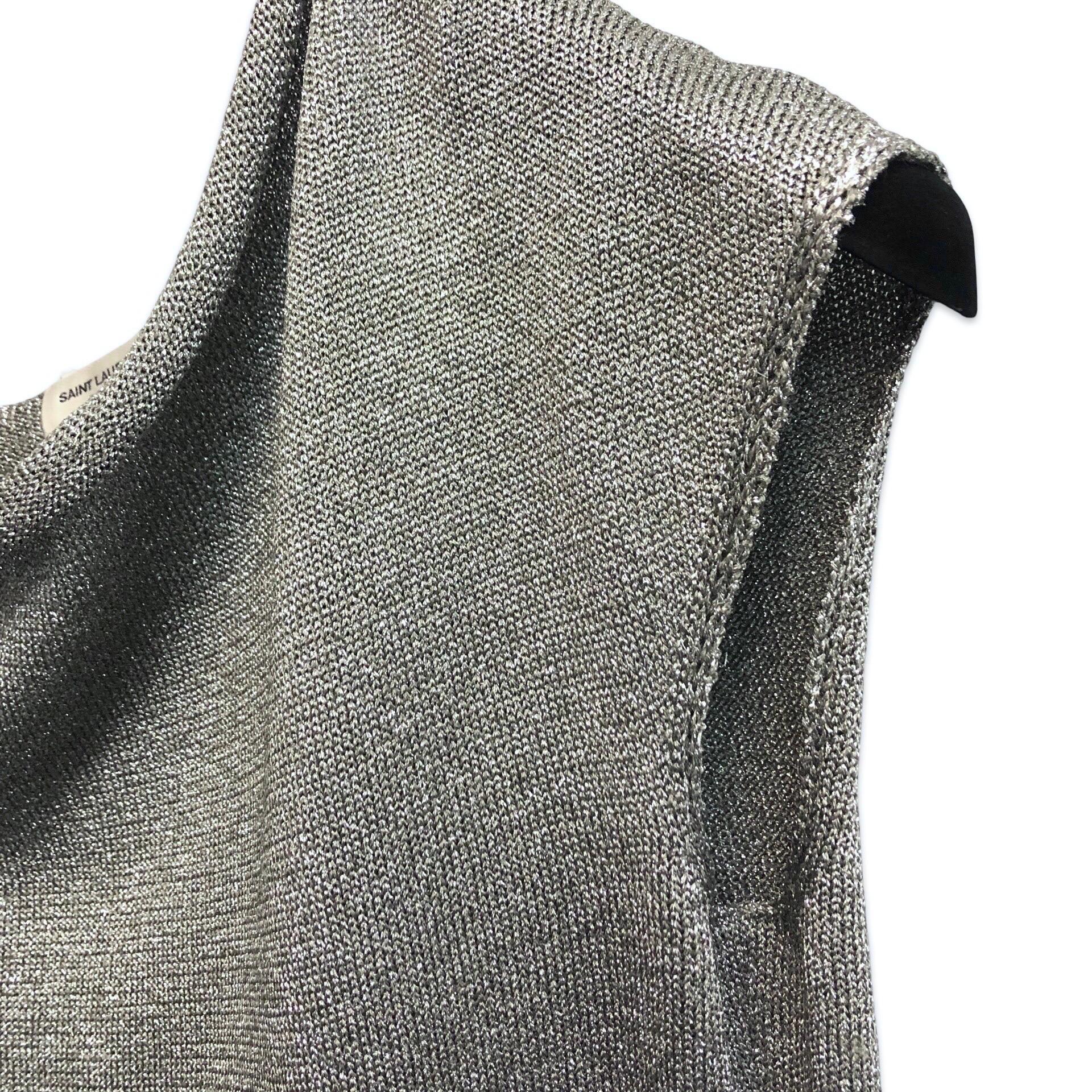 Saint Laurent by Hedi Slimane Silver Metallic Round Neck Top In Excellent Condition For Sale In Sheung Wan, HK