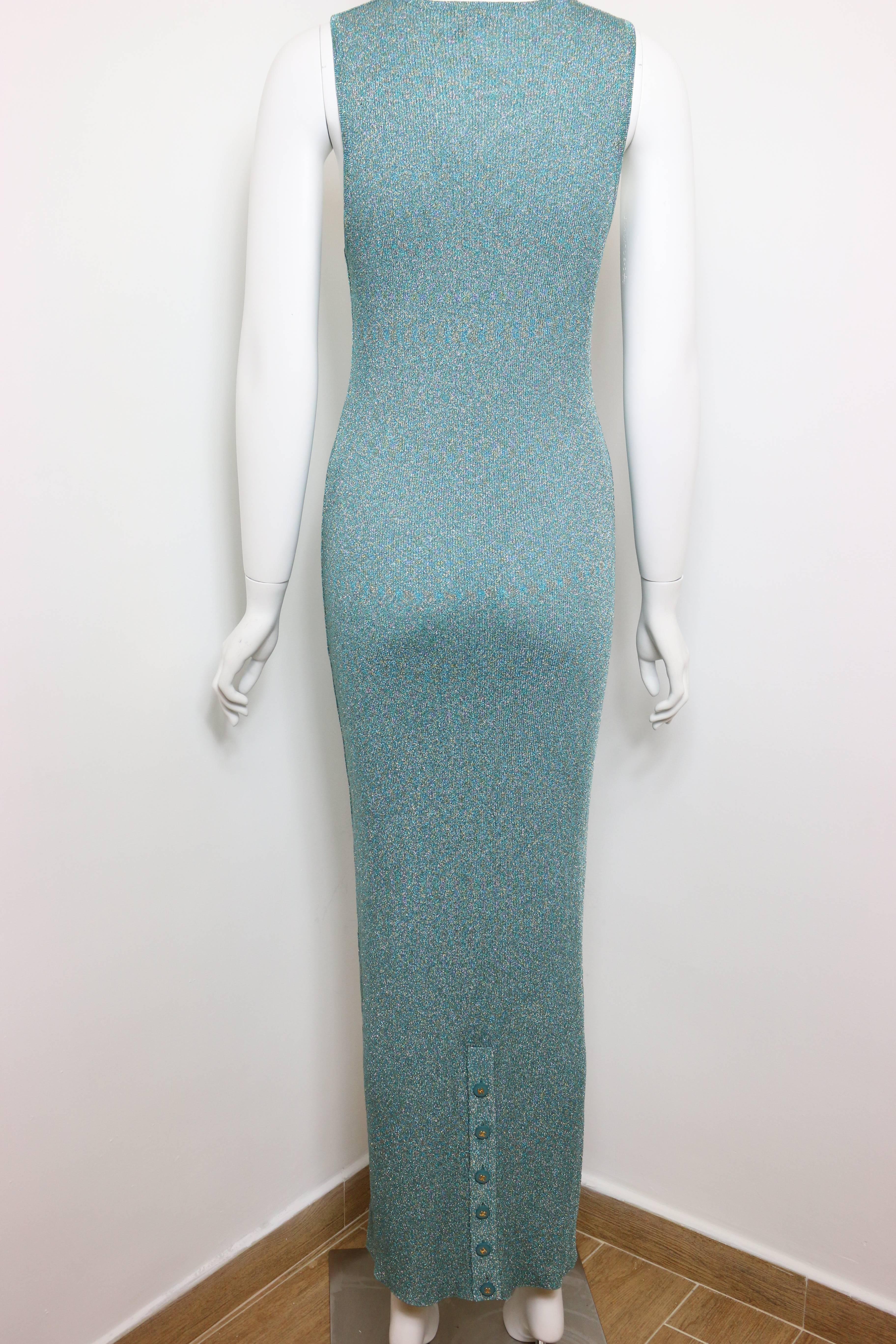 Women's Chanel  Turquoise Metallic Sleeveless Maxi Dress 