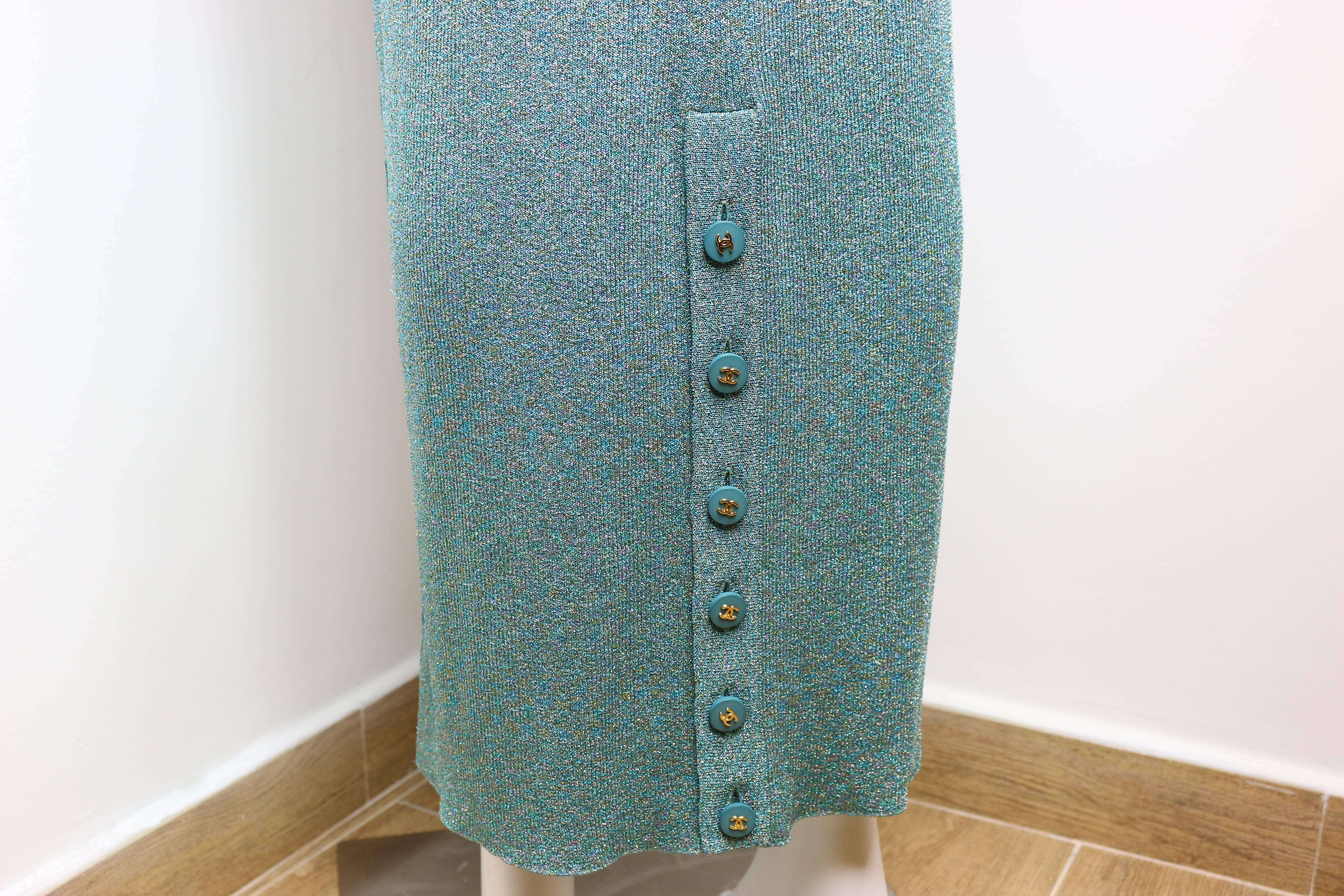Chanel  Turquoise Metallic Sleeveless Maxi Dress  1