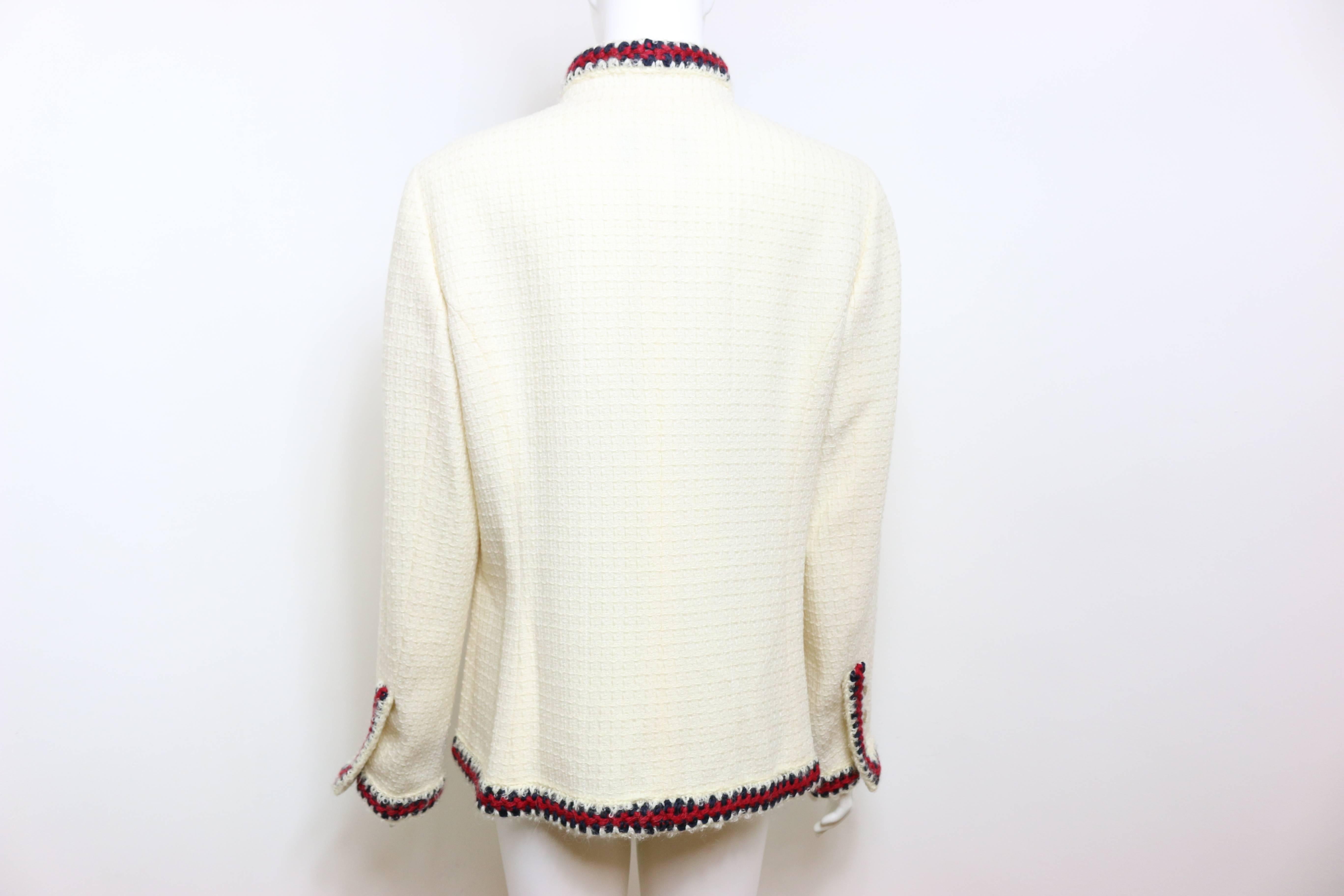 Beige Chanel Classic White Wool Tweed Mandarin Collar Jacket