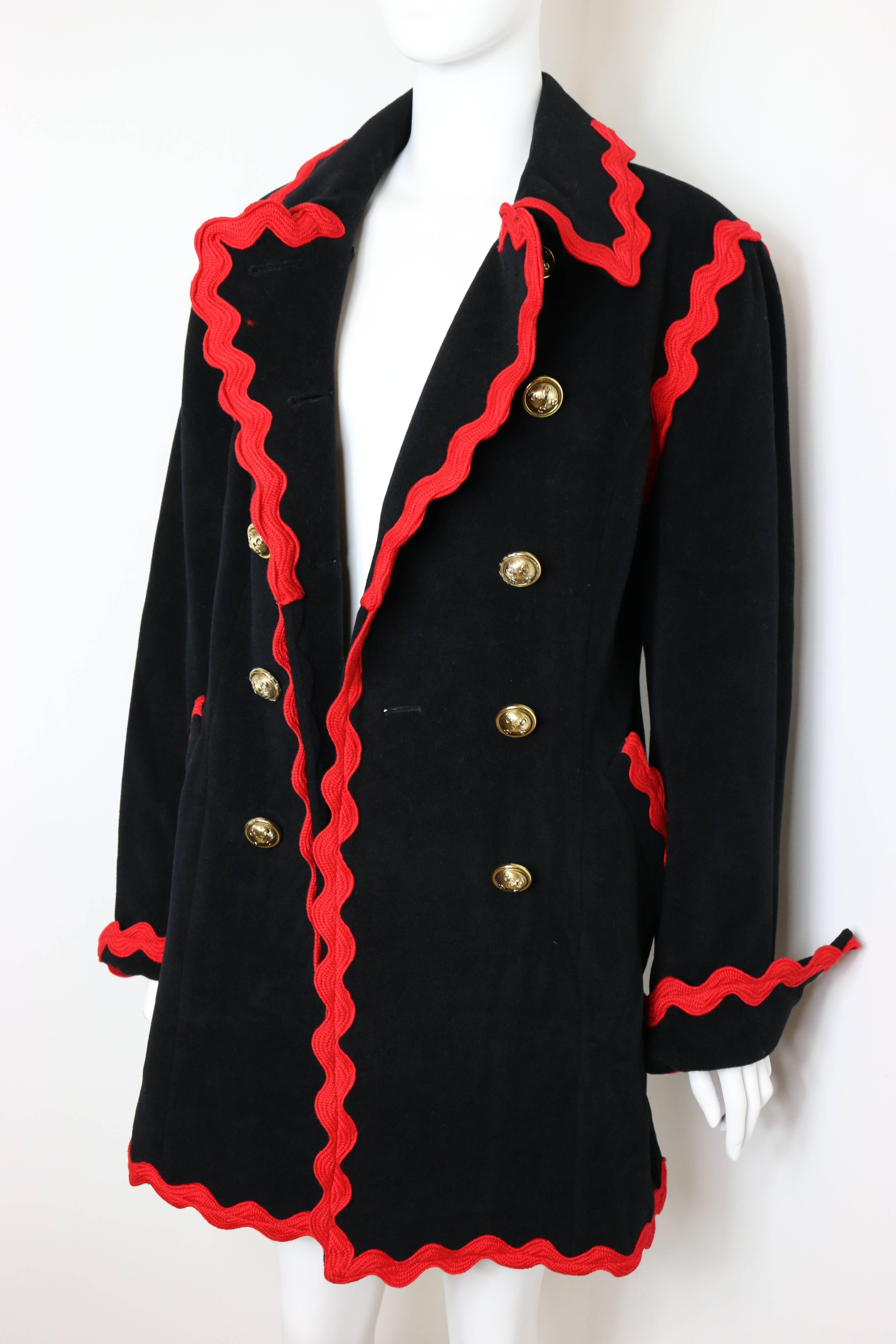Moschino Black Wool Red Piping Trim Double Breasted Coat In Excellent Condition In Sheung Wan, HK