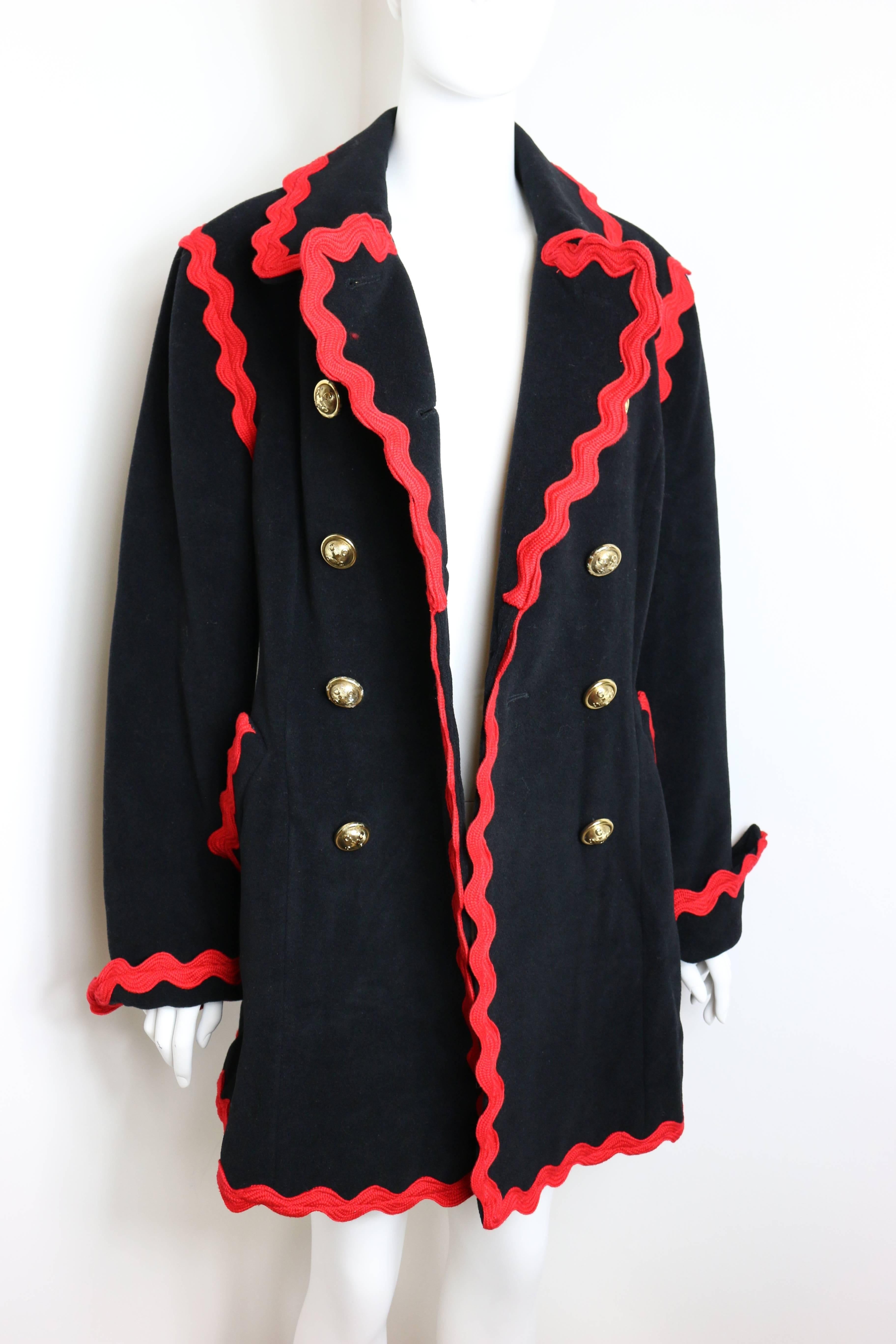 Moschino Black Wool Red Piping Trim Double Breasted Coat 1