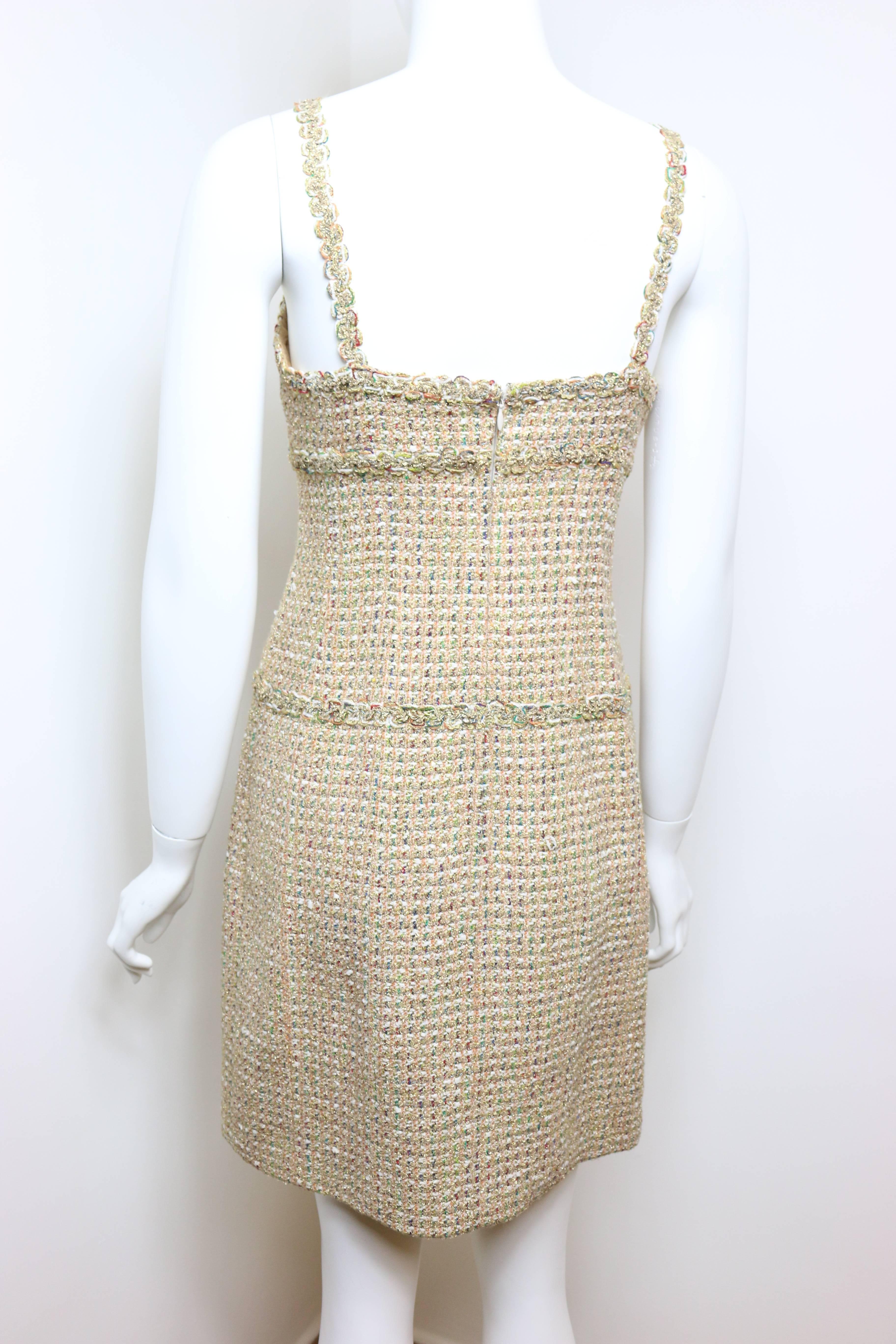 Vintage 94 Chanel Gold Tweed Metallic Dress Suit For Sale 1