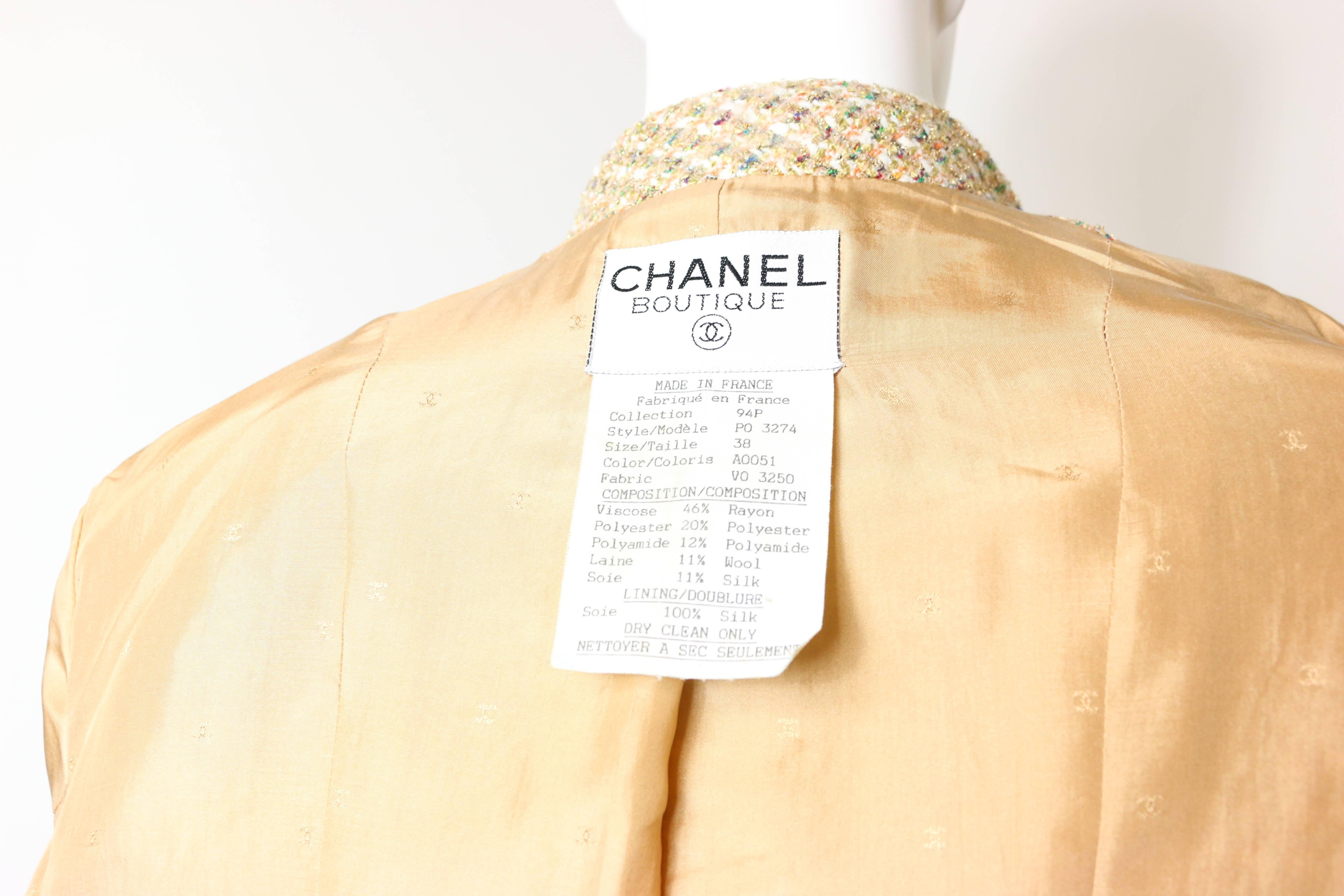 Vintage 94 Chanel Gold Tweed Metallic Dress Suit For Sale 3
