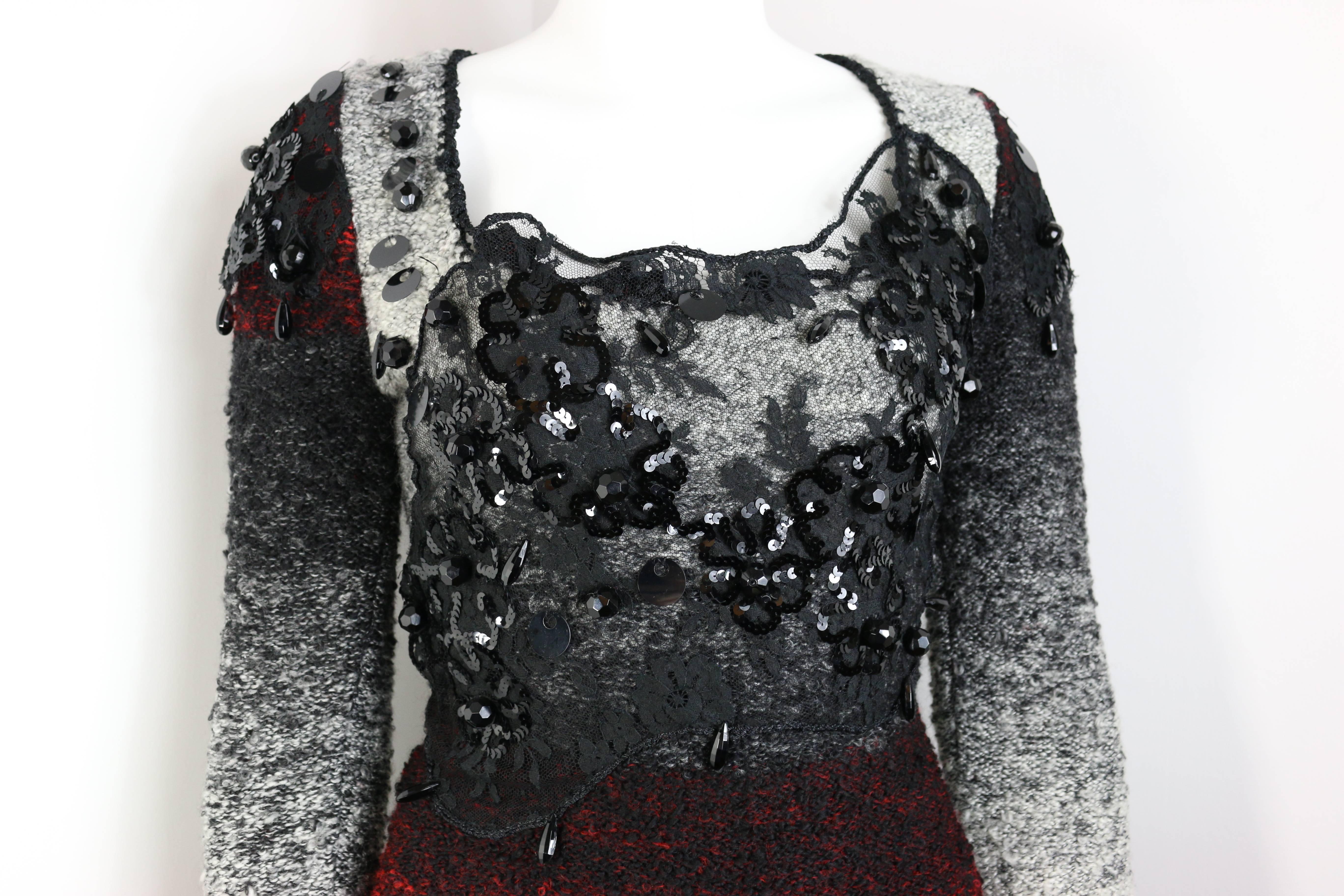 - Vintage 80s Christian Lacroix colour blocked (red/black/white/grey) knitted wool two pieces set. 

- Lace with embroidered black sequins knitted wool top. 

- A line knitted wool skirt. 

- Top:  Height: 65cm I Sleeve: 62cm I Shoulder: 7cm I