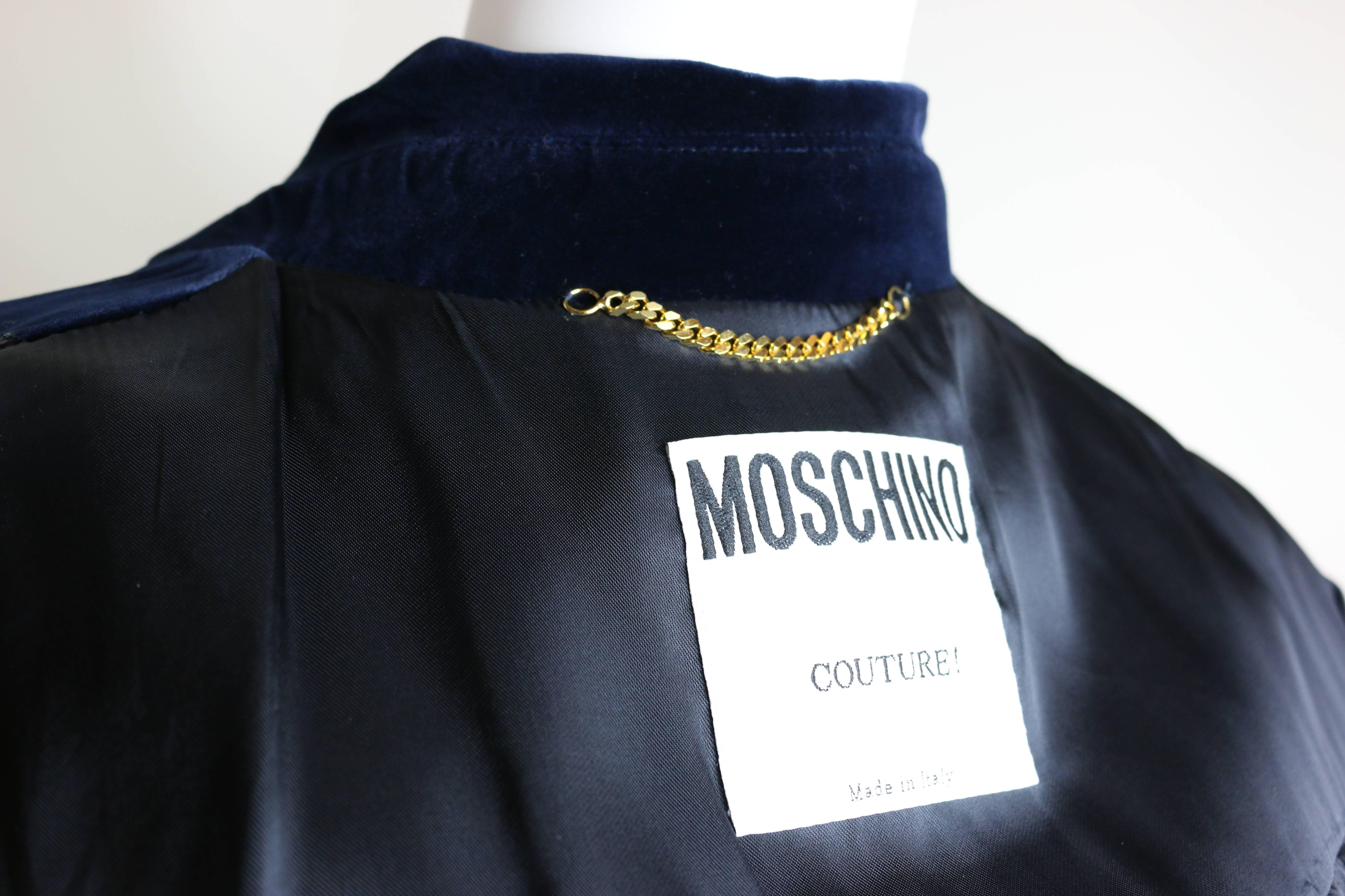 Black Vintage Moschino Couture Blue Velvet Jacket For Sale