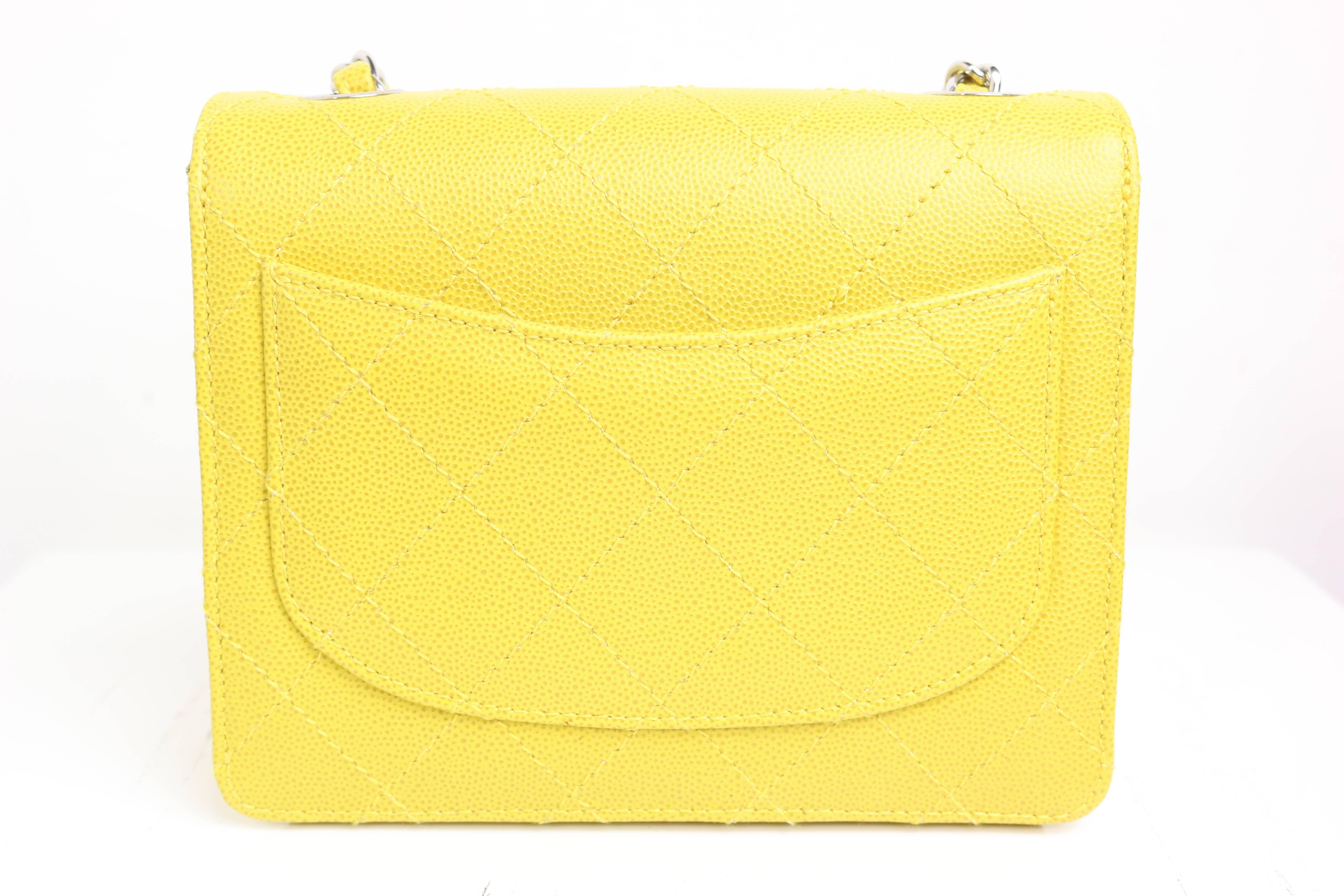 - Chanel classic quilted yellow caviar skin leather flap mini bag with silver 