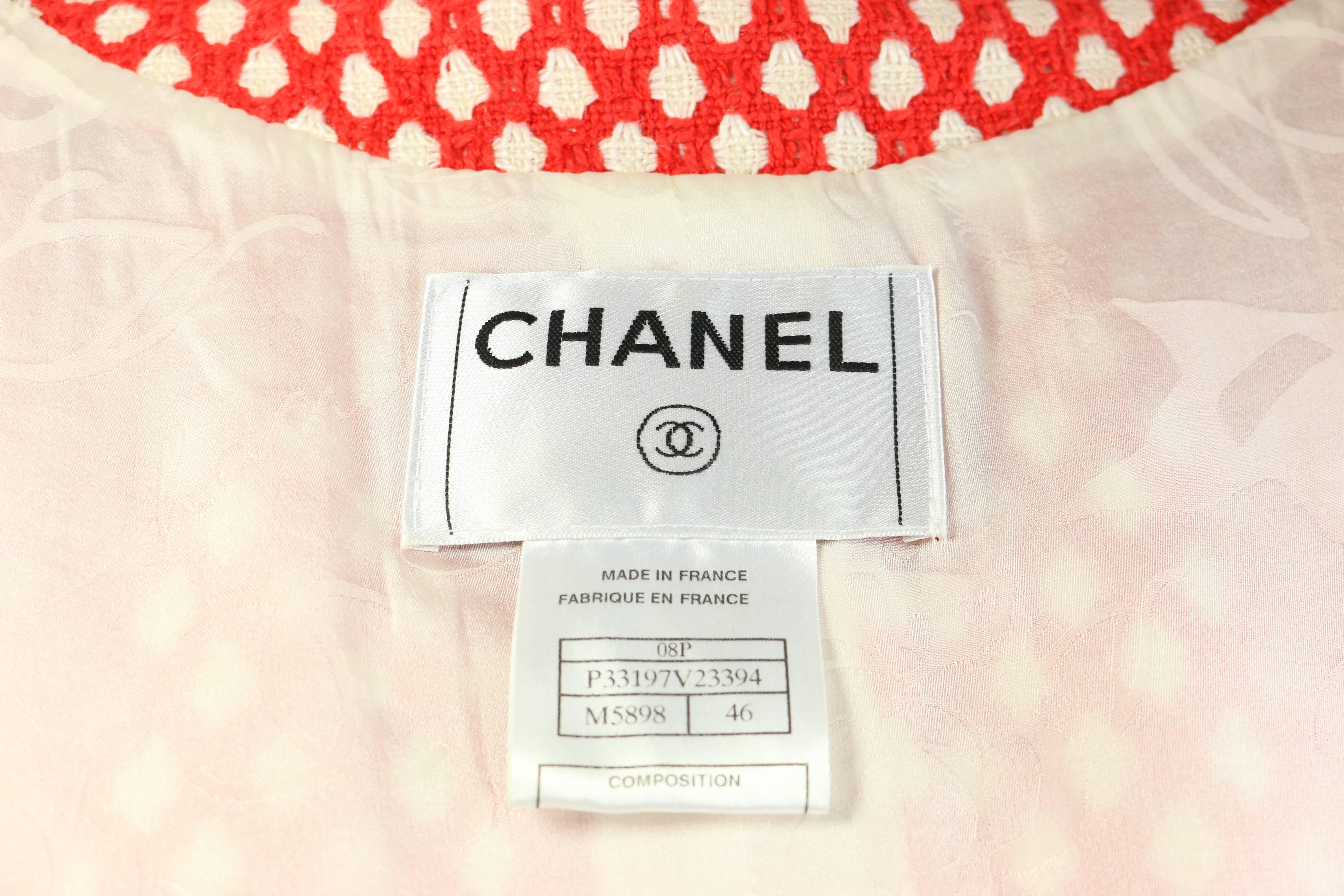 Women's 2008 Chanel Classic Red/White Polka Dot Tweed Jacket. 
