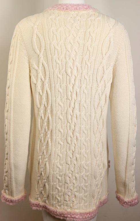 Chanel White Pink Fringe Trim Knitted Pattern Cardigan Sweater For Sale at 1s...