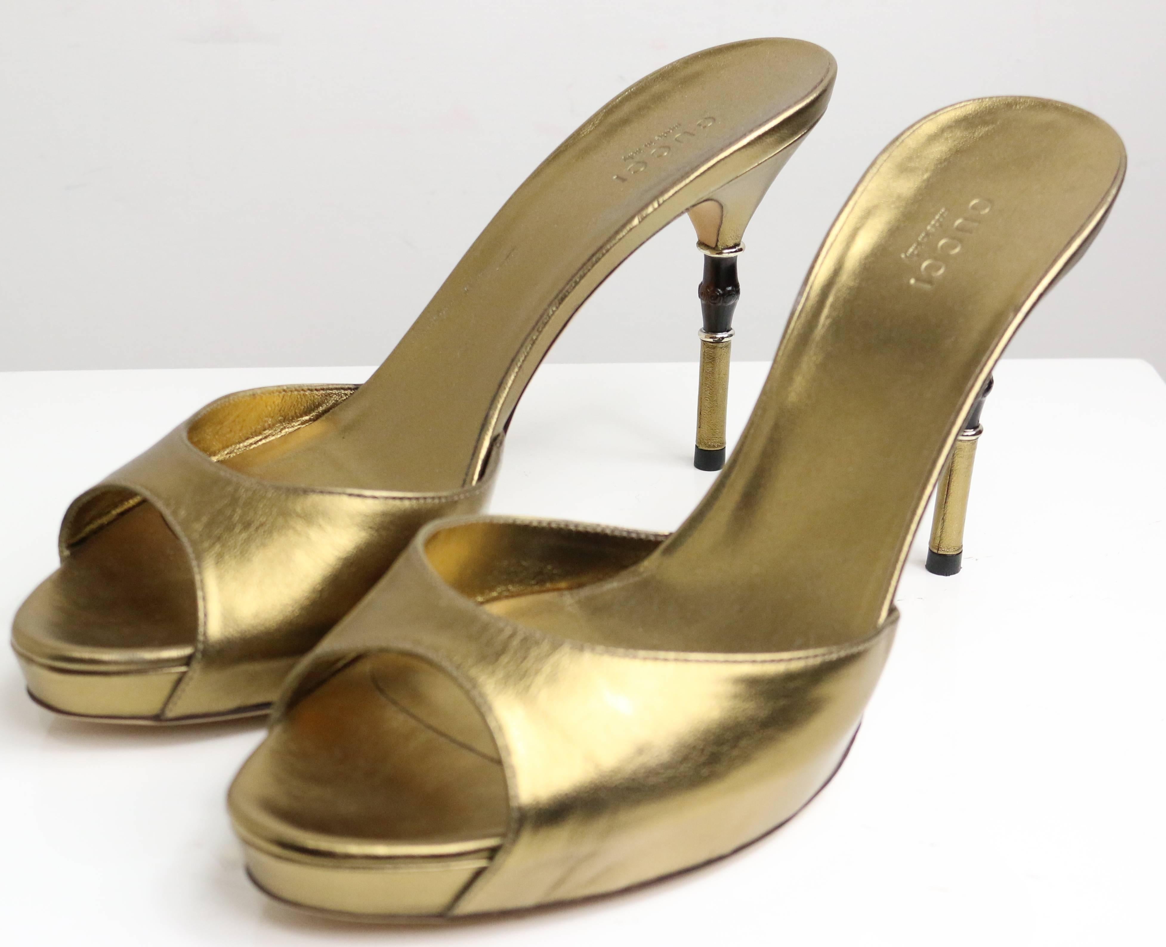 Brown Gucci Gold Metallic Leather Slip-On Sandals Bamboo Heels