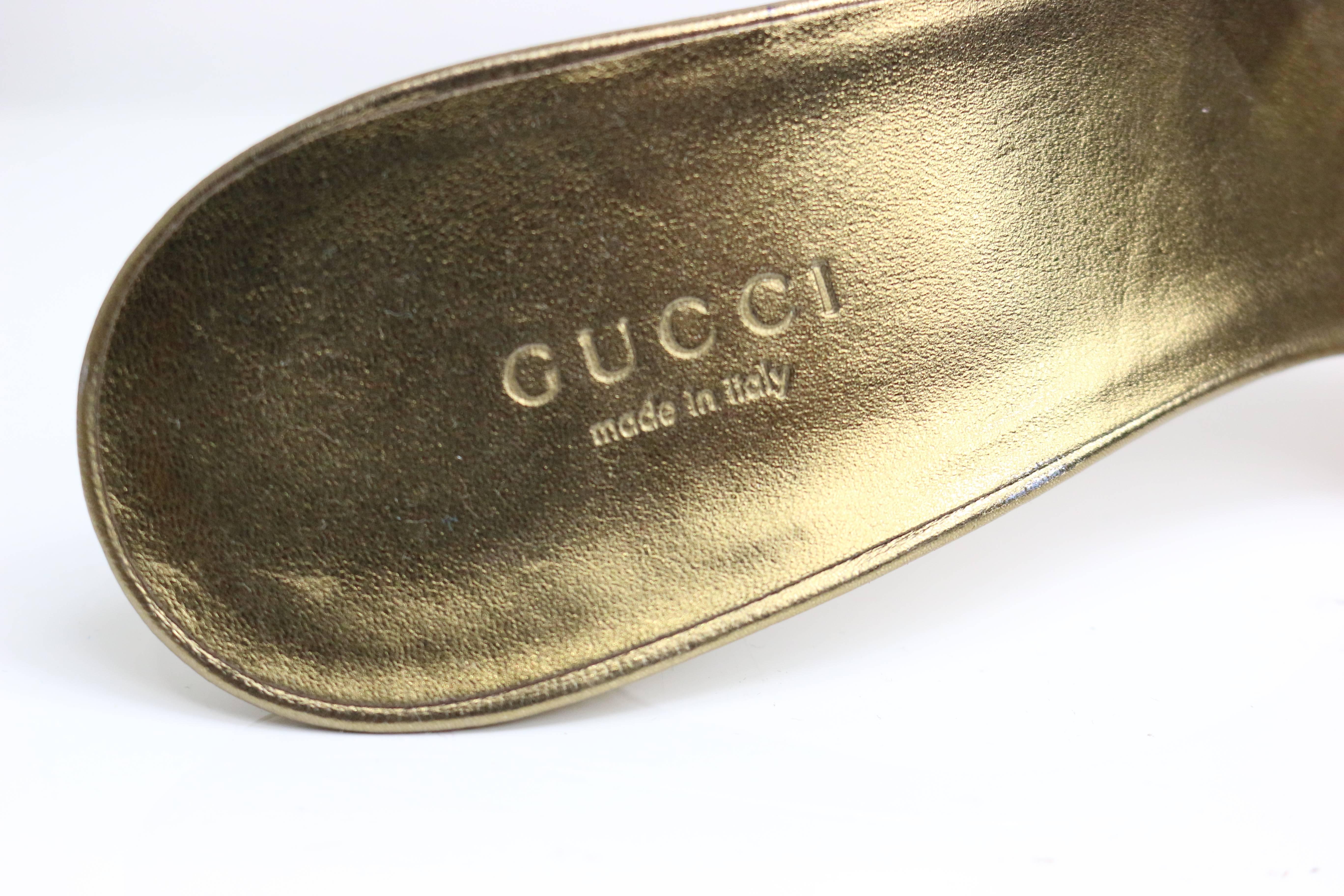 Gucci Gold Metallic Leather Slip-On Sandals Bamboo Heels In New Condition In Sheung Wan, HK