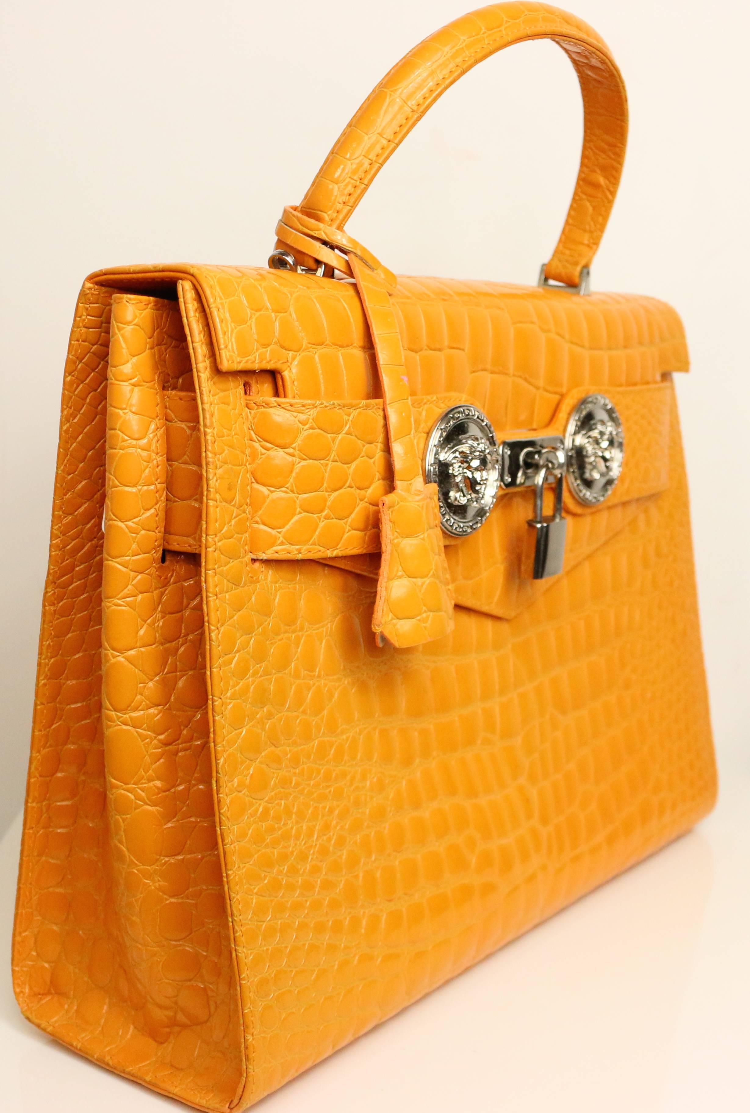 Gianni Versace Couture Orange Croc Embossed Enamel Leather Kelly Style Handbag In Excellent Condition In Sheung Wan, HK