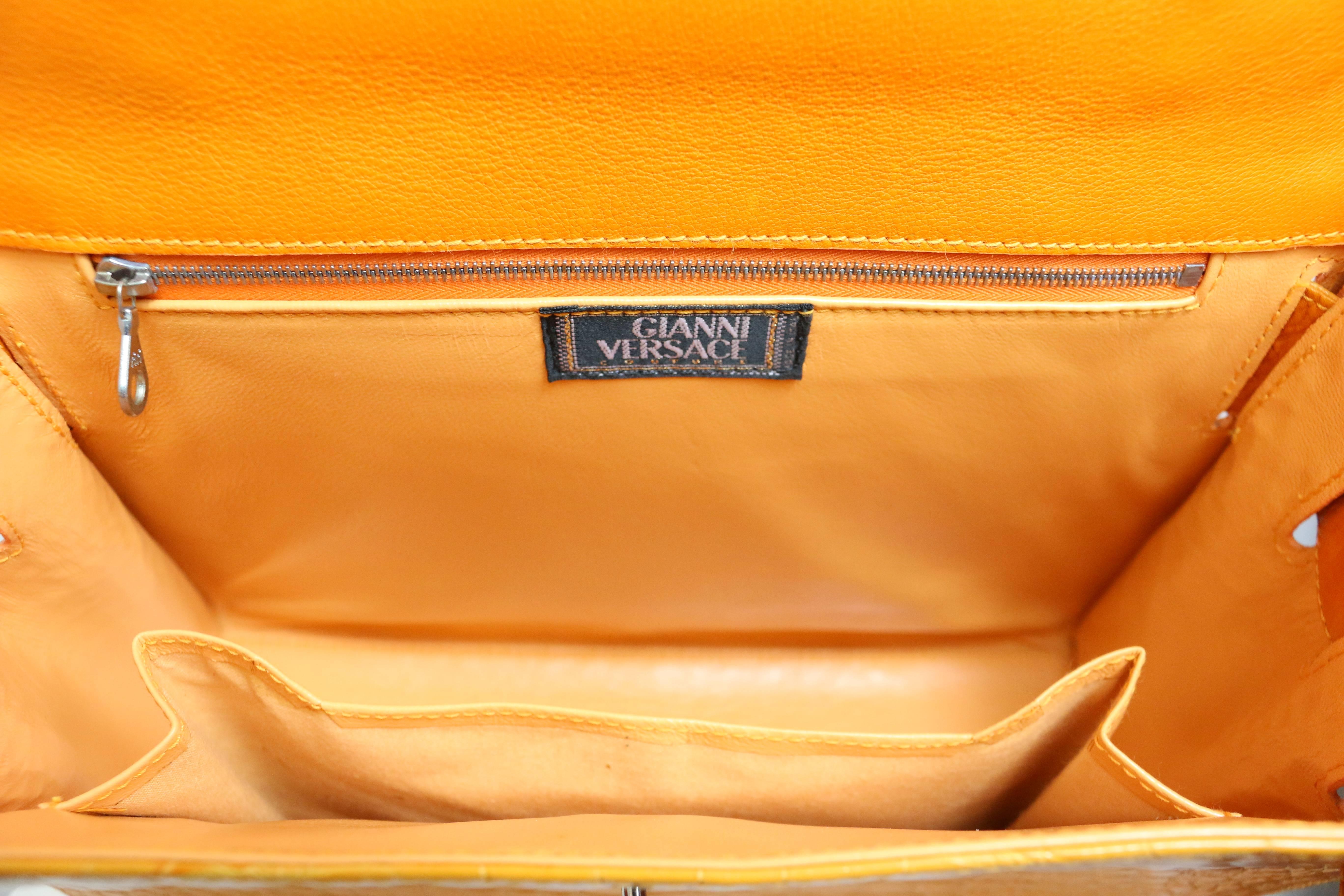 Women's Gianni Versace Couture Orange Croc Embossed Enamel Leather Kelly Style Handbag