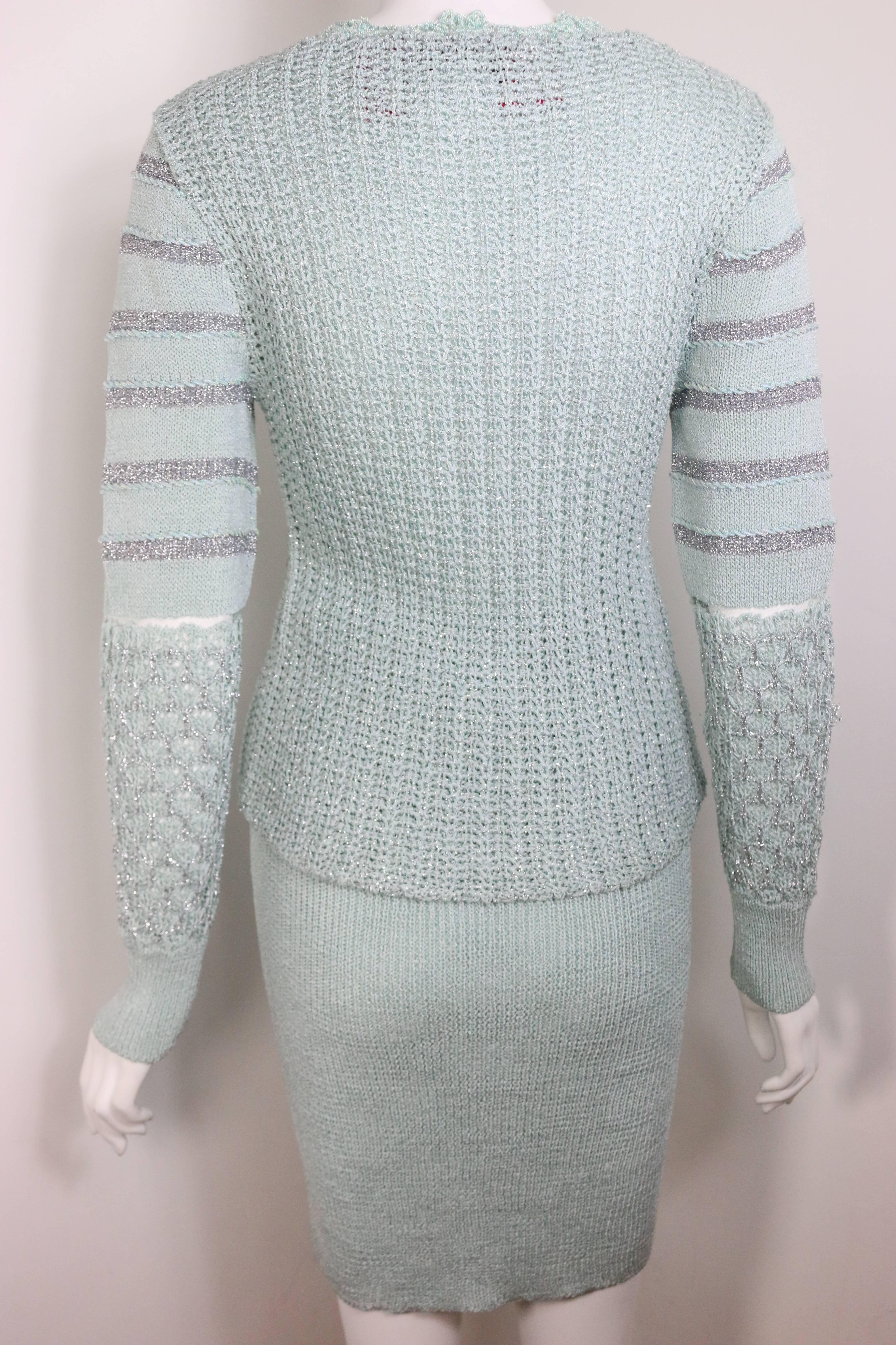Christian Lacroix Mint Metallic Knitted Two Piece For Sale 1