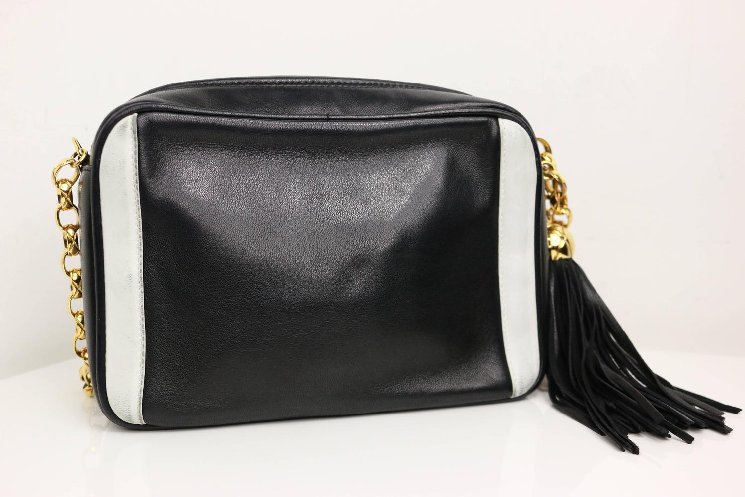 Chanel Black and White Lambskin &quot;CC&#39; Logo Gold Chain Strap Cross-Body Bag at 1stdibs