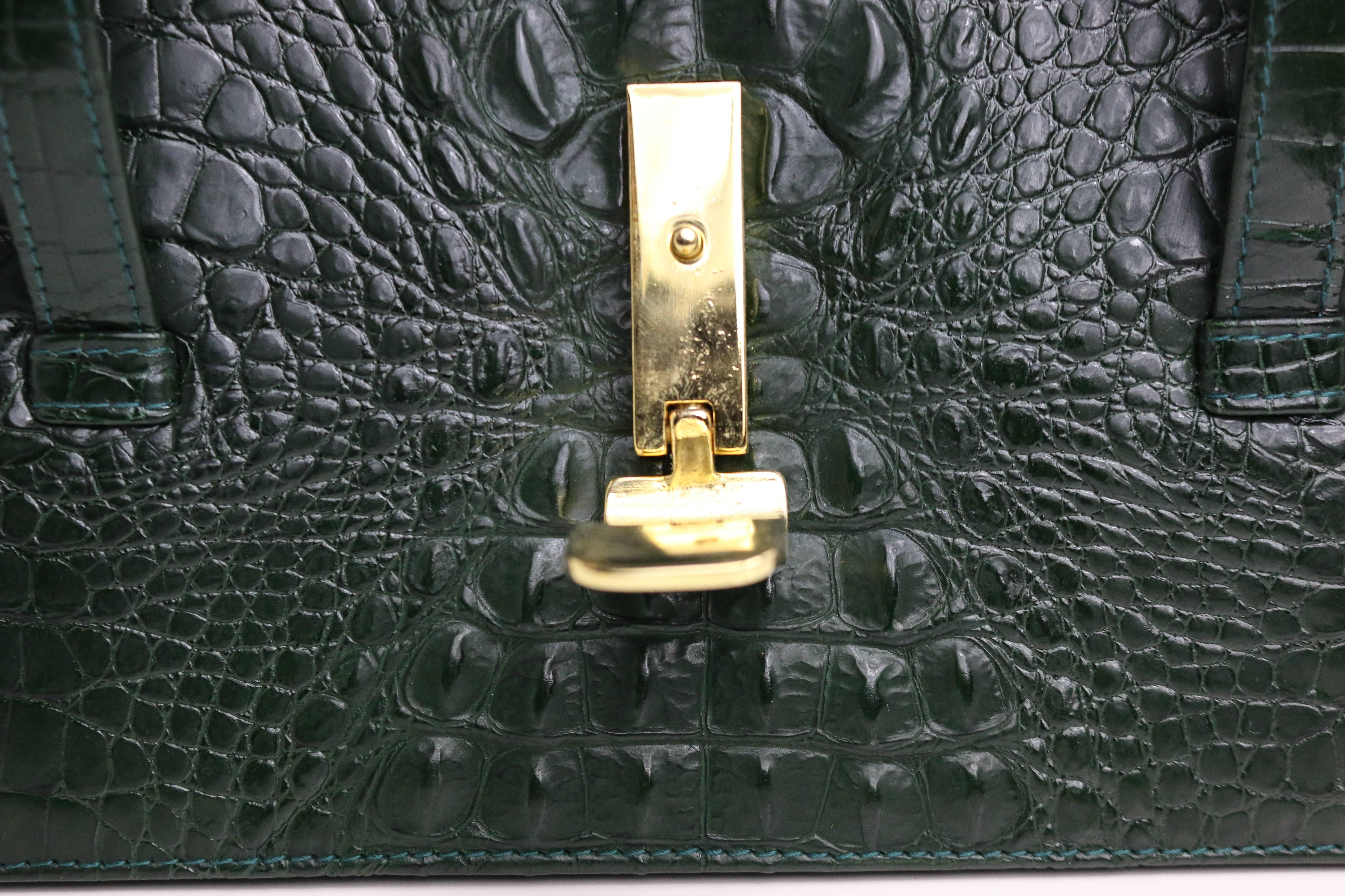 Noir Georges Rech Sac à main en cuir gaufré croco vert foncé style Kelly