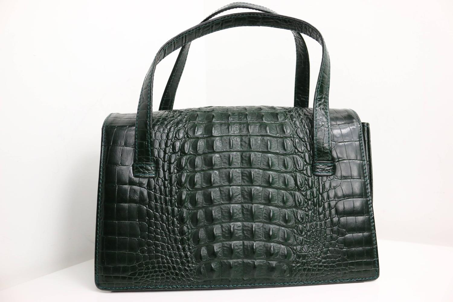 Georges Rech Dark Green Croc Embossed Leather Kelly Style Handbag For Sale at 1stdibs