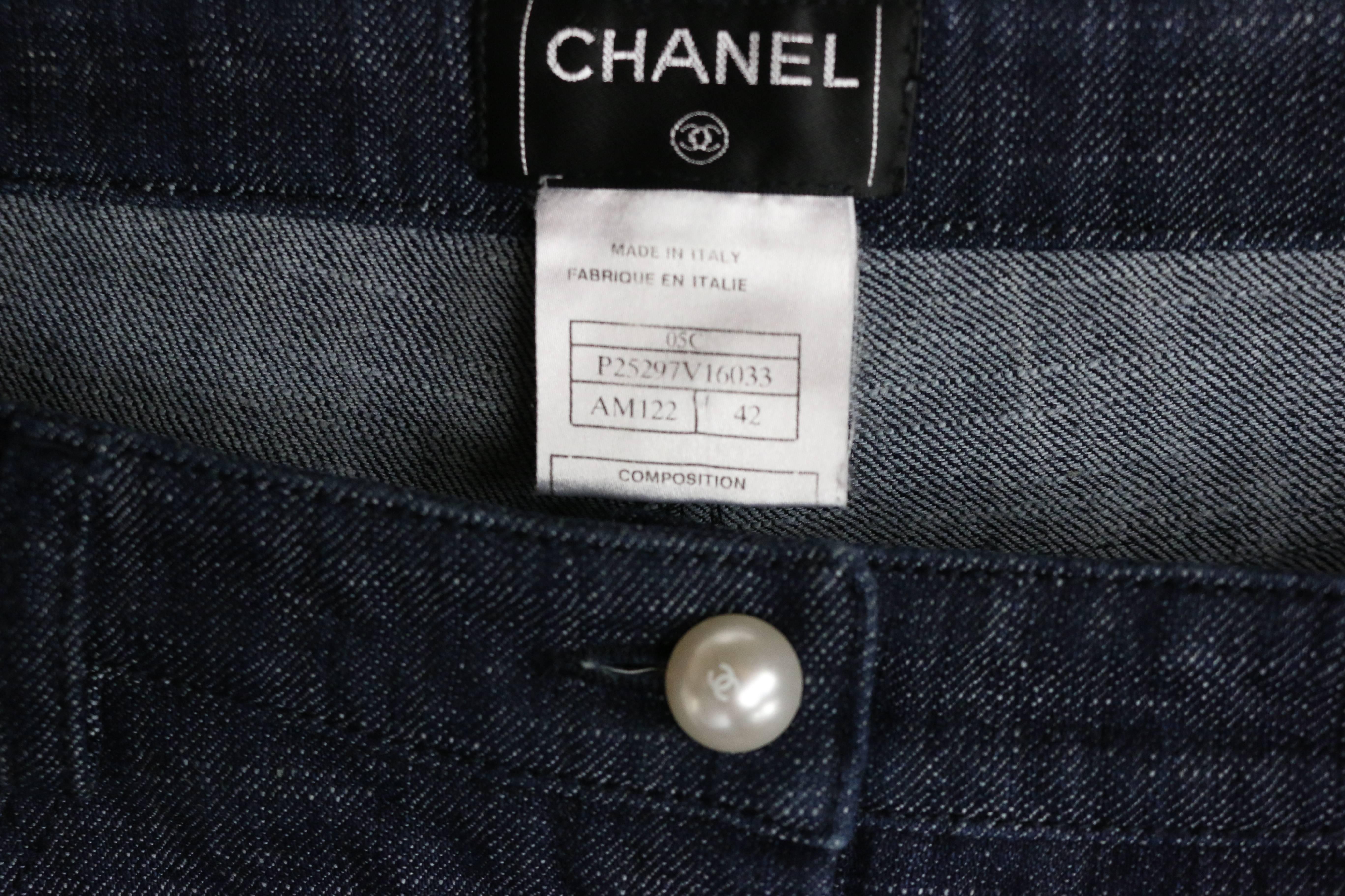 Women's Chanel Blue Embroidered Faux Pearl Denim Jeans 