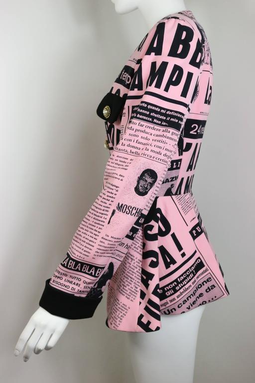 Moschino couture pink newsprint jacket For Sale at 1stDibs